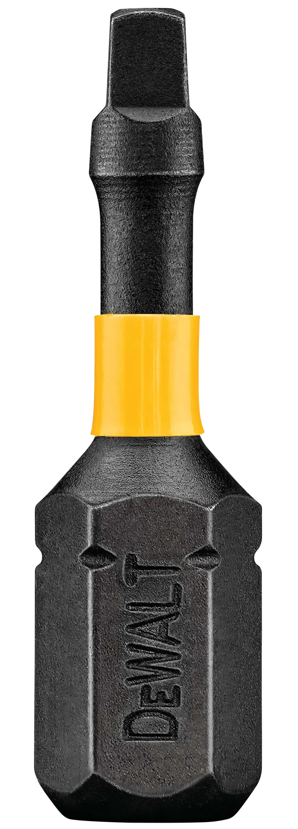 A close-up image of a DEWALT branded black impact screwdriver bit with a yellow collar, photographed against a white background.