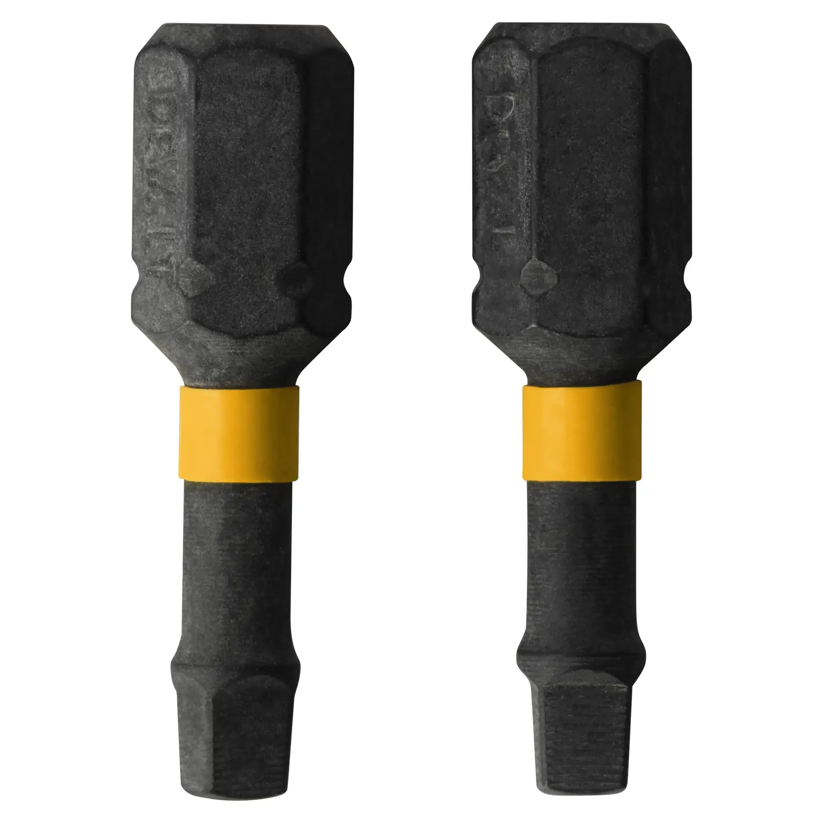 A close-up of a yellow DEWALT power drill with a screw-bit attachment being used to fasten a screw into a piece of wood, with other tools and equipment visible in the background.