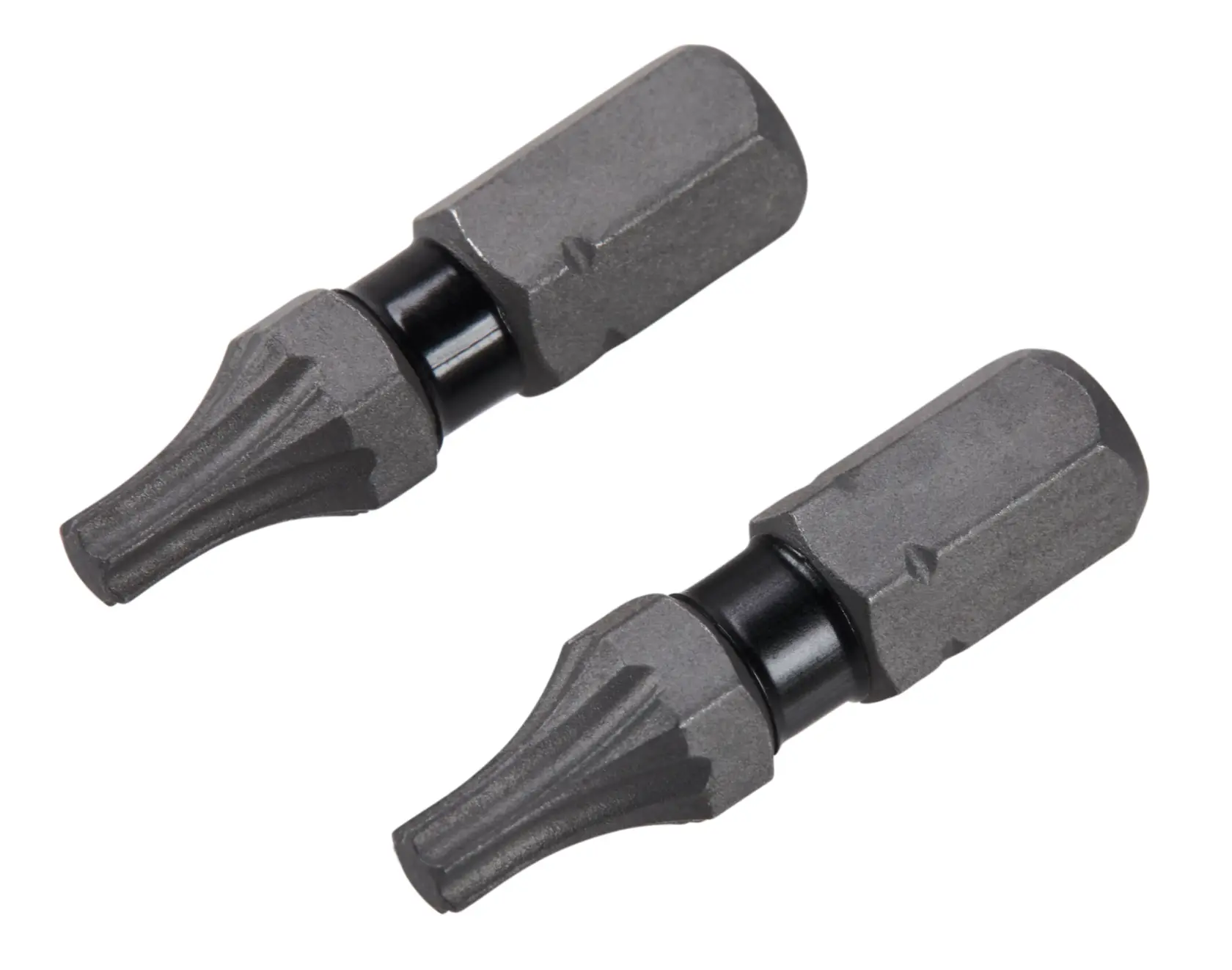 Two DEWALT screwdriver bits with a Torx star-shaped tip, shown close-up and positioned side by side on a white background.