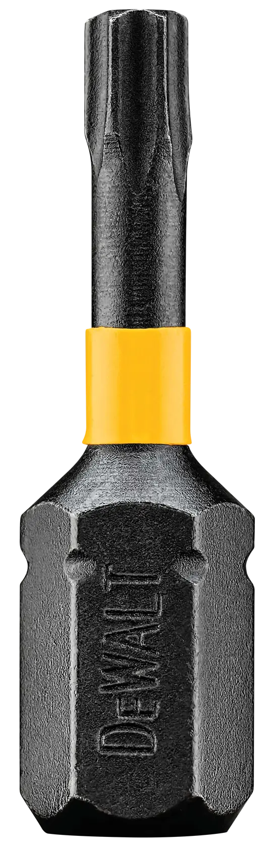 A close-up image of a DEWALT branded black Torx screwdriver bit with a yellow collar, designed for use with power tools.