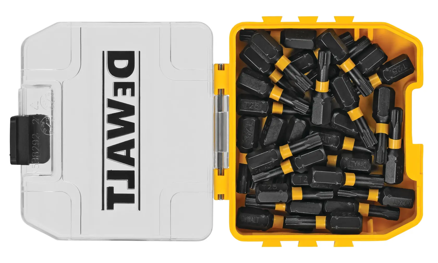 A DEWALT branded yellow and clear plastic case filled with multiple black screwdriver bits, seen from above with the lid open.