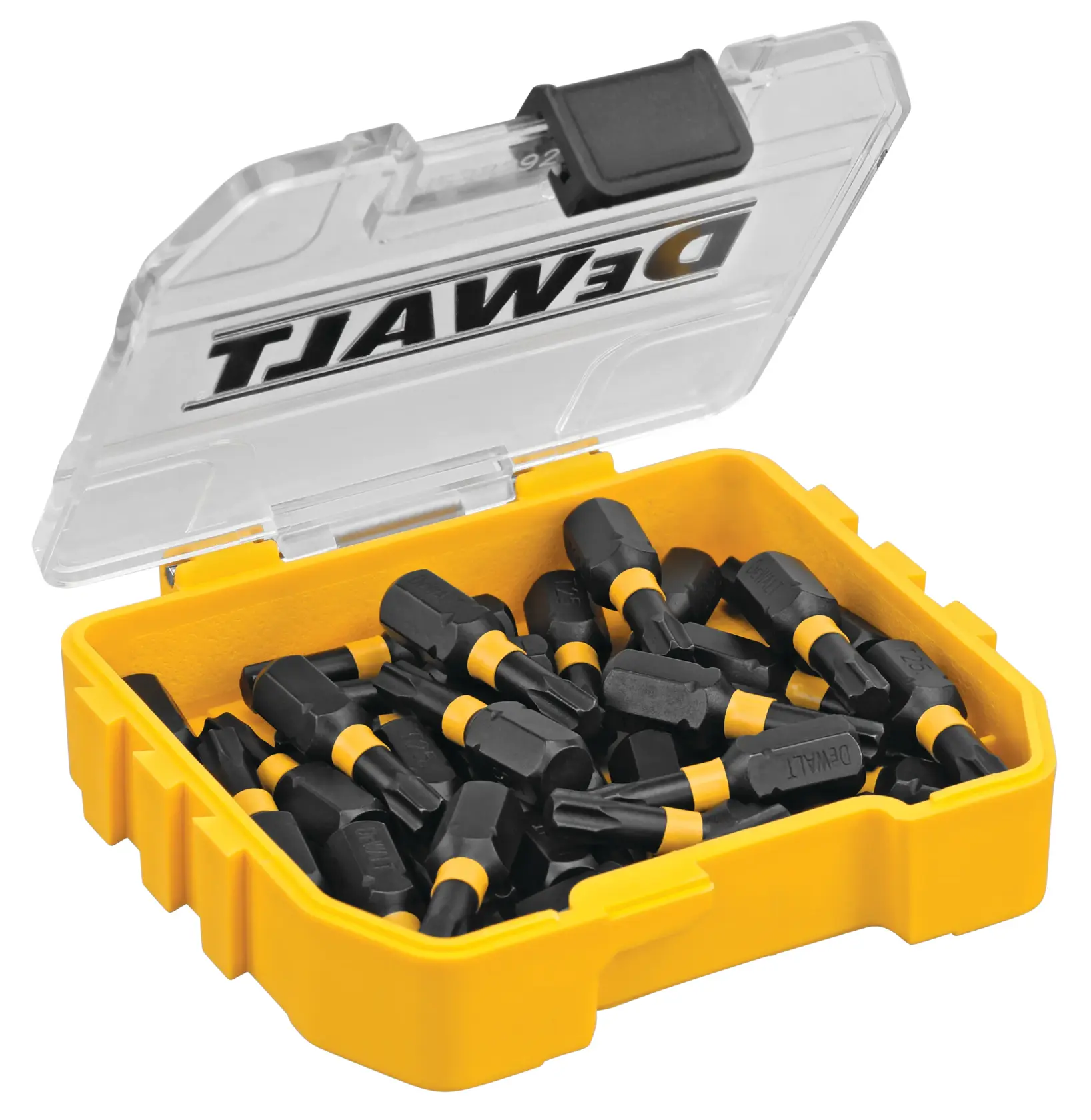 A yellow plastic box with a clear lid containing multiple DEWALT branded black screwdriver bits with yellow bands.
