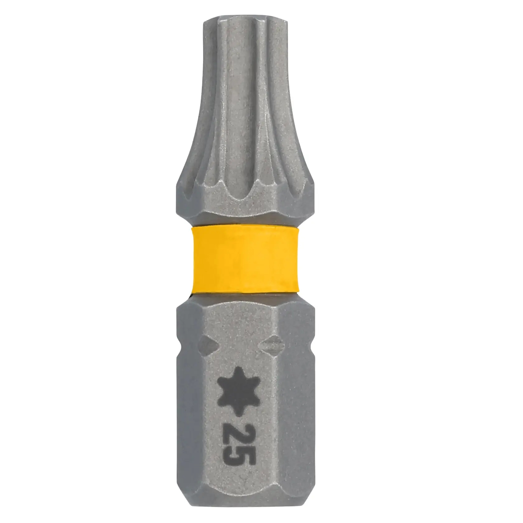 A close-up image of a DEWALT Torx screwdriver bit with a yellow ring in the center and the number 25 marked near the base.