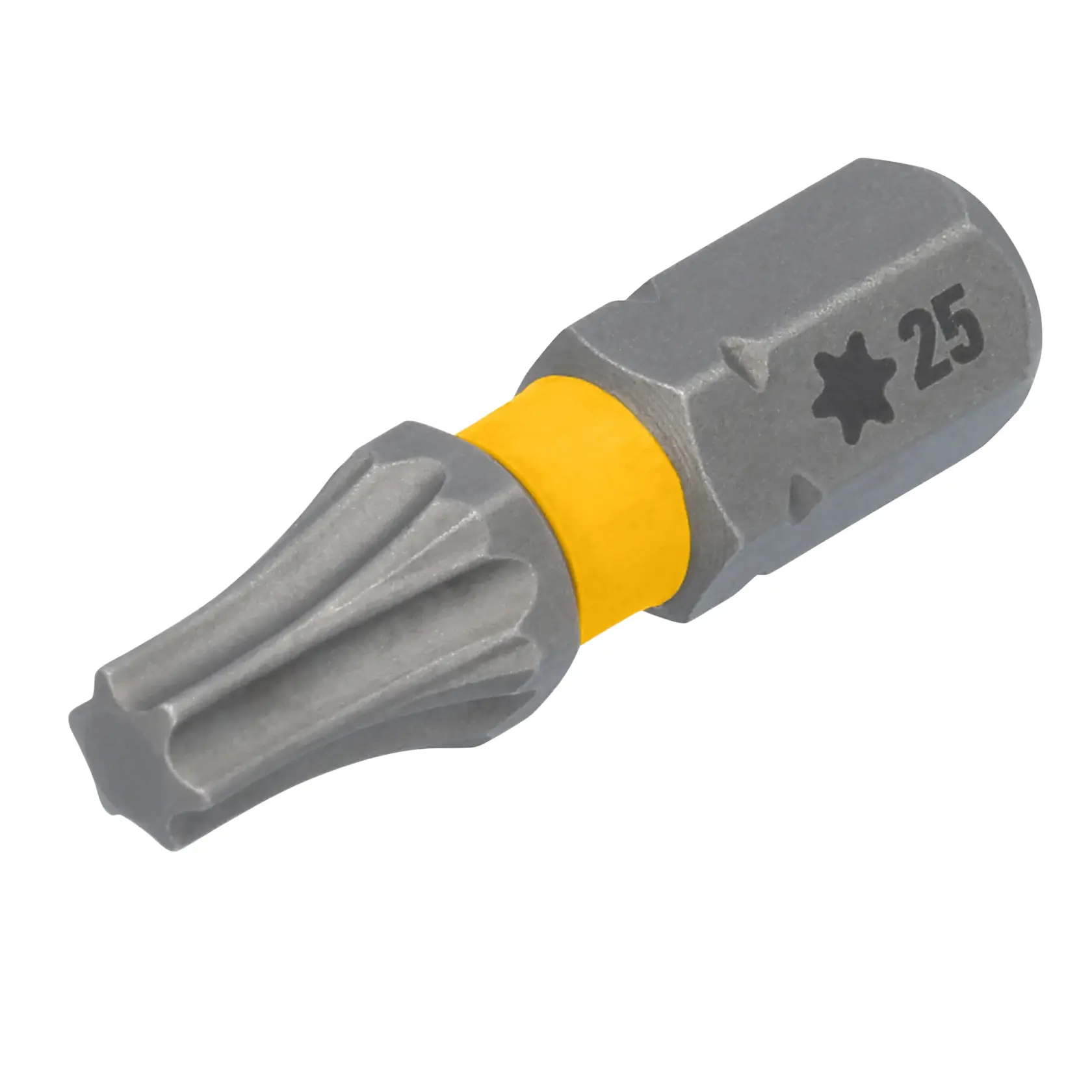 A close-up image of a DEWALT star-shaped Torx screwdriver bit with a yellow band and the marking '25' on the side.