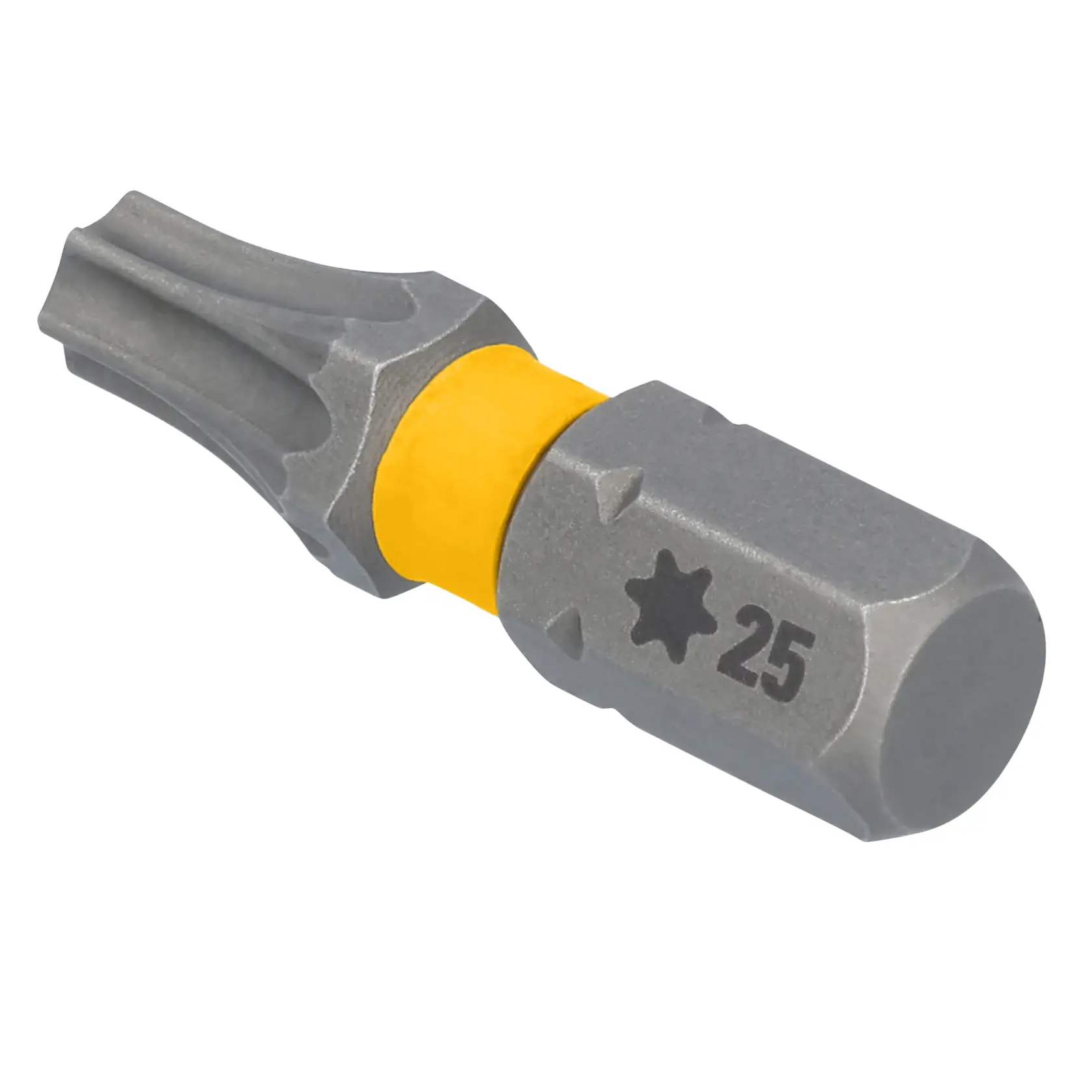 A close-up image of a DEWALT star-shaped screwdriver bit with a yellow ring and the number 25 marked on the side.