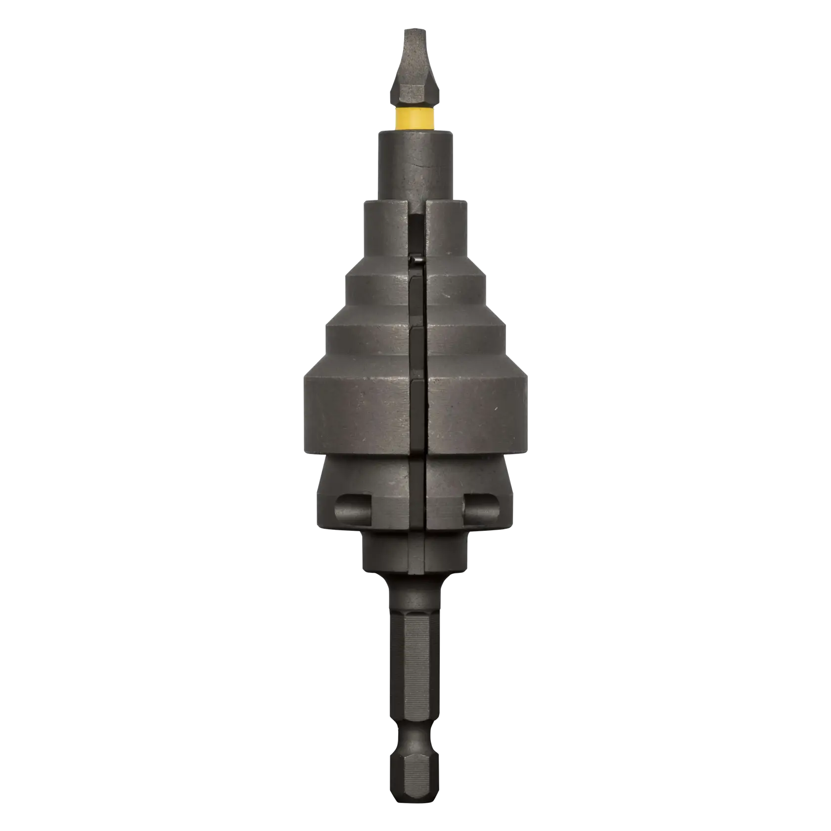A DEWALT drill bit accessory with a stepped design, featuring a hexagonal shank at the bottom and a pointed tip at the top, shown against a white background.