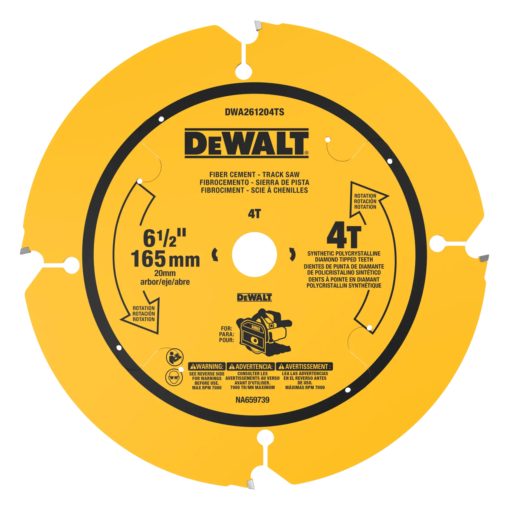 Lame de scie DEWALT jaune pour fibrociment, diamètre 165mm, 4 dents diamant, alésage 20mm.