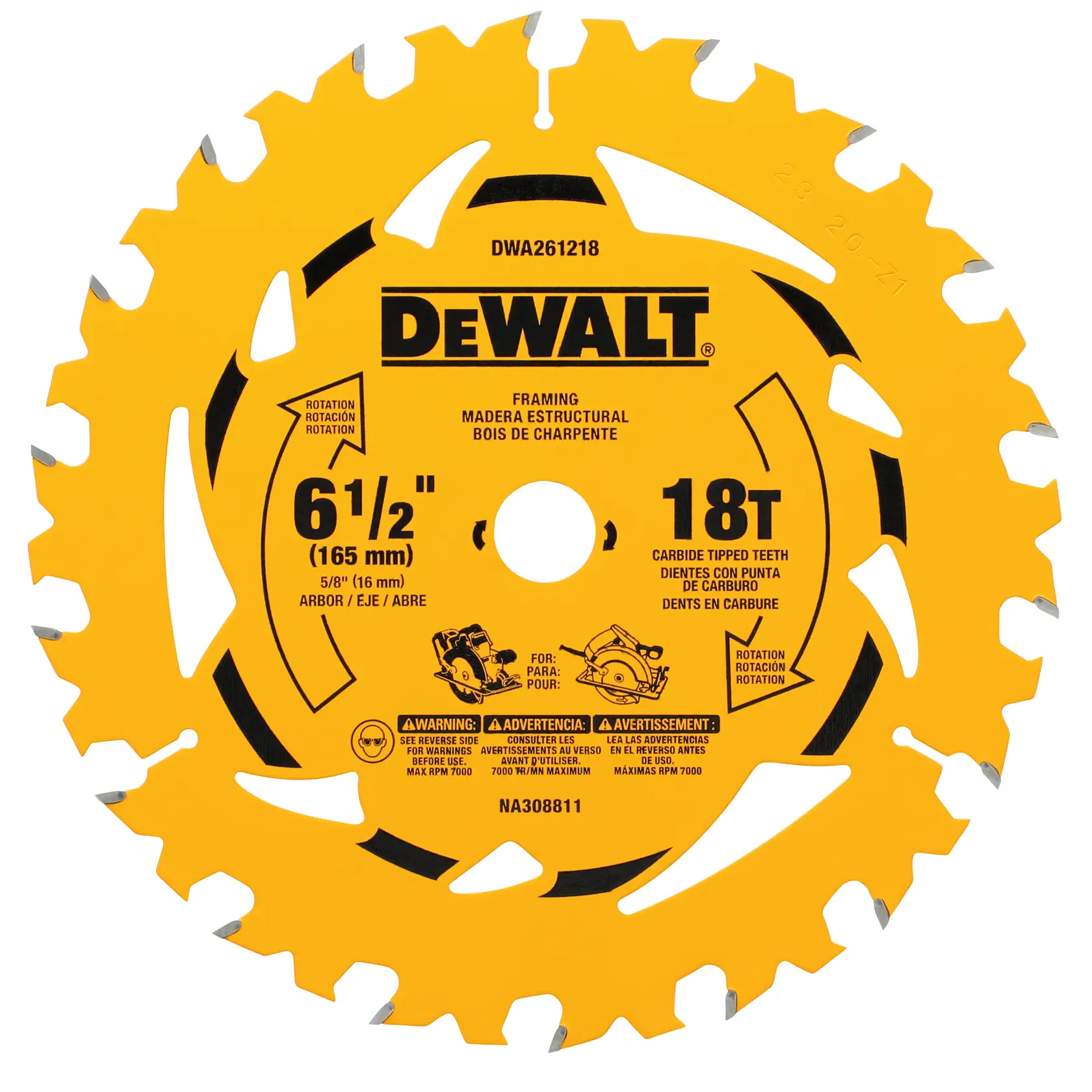 DEWALT DWA261218 circular saw blade for framing, featuring 18 carbide tipped teeth, 6 1/2 inch (165 mm) diameter, and 5/8 inch (16 mm) arbor. The blade is yellow with black text and has safety and usage information printed on it.