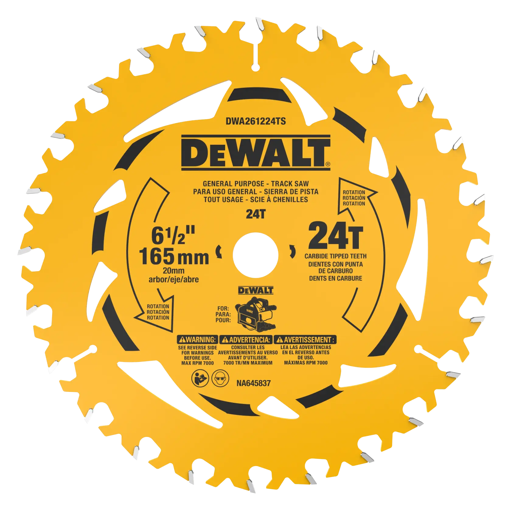 Lame de scie circulaire DEWALT de 165 mm (6-1/2 pouces) pour scies à rail, modèle DWA261224TS, avec 24 dents à pointe de carbure pour une utilisation générale. La lame est jaune avec des textes et graphiques noirs et blancs, indiquant les spécifications et les avertissements de sécurité.