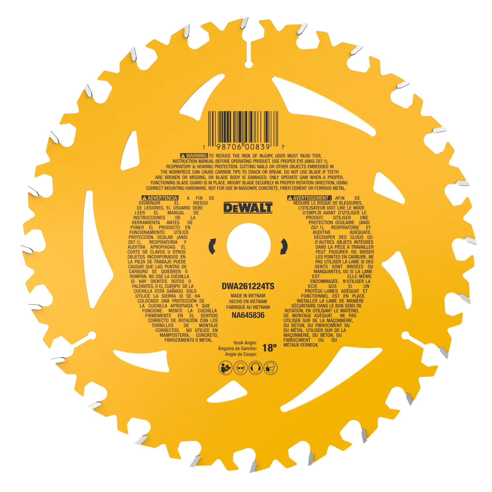 Lame de scie circulaire jaune DEWALT avec des dents acérées et des instructions de sécurité imprimées en plusieurs langues. Le numéro de modèle DWA261224TS est visible au centre avec les détails du produit et de fabrication.