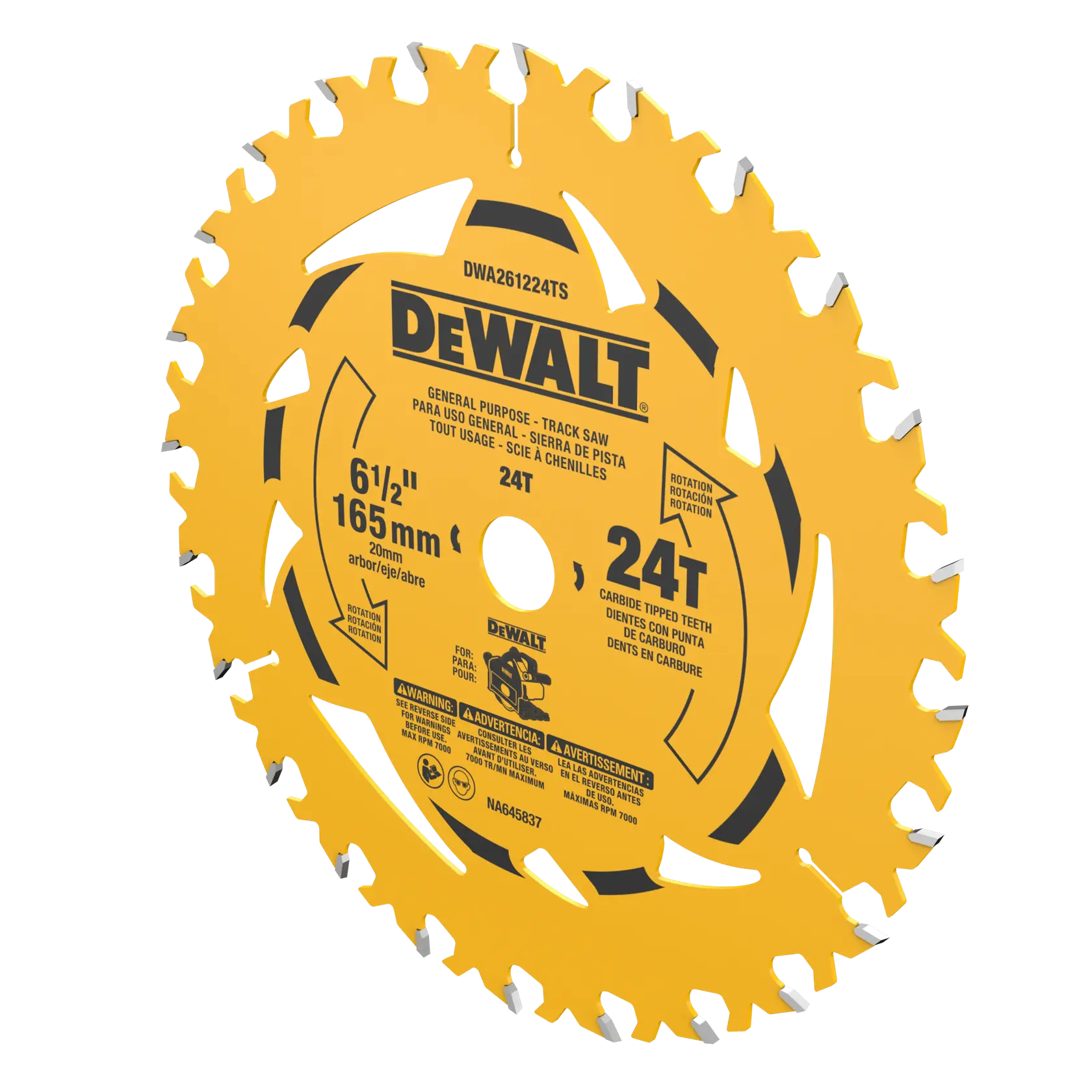 Une lame de scie circulaire DEWALT de 6-1/2 pouces (165 mm) avec 24 dents pour scies à chenilles, dents à pointe de carbure et de couleur jaune, produit SKU DWA261224TS.