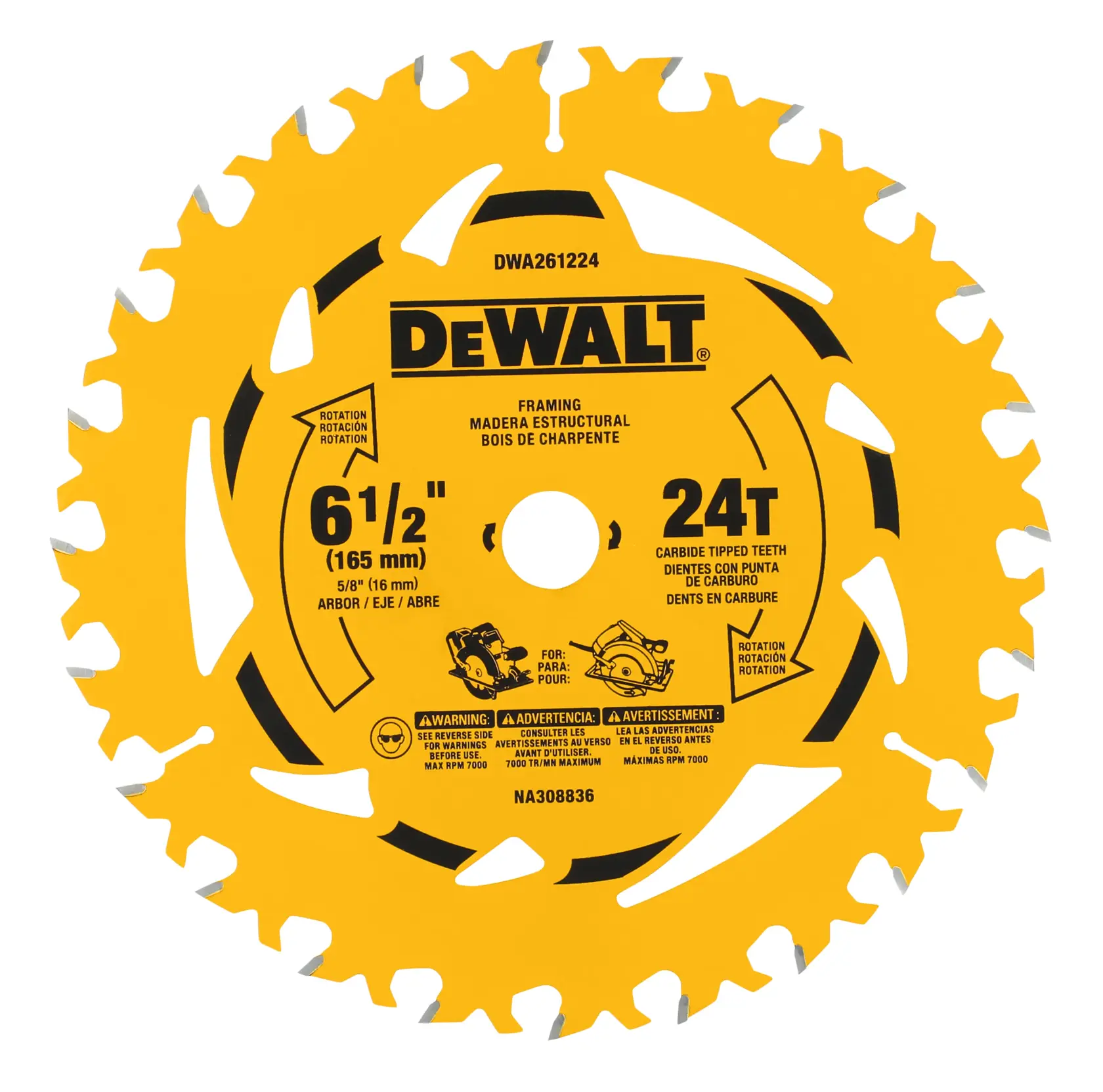 A DEWALT 6-1/2 inch framing circular saw blade with 24 carbide tipped teeth, model DWA261224. The blade is yellow with black text and graphics, featuring specifications and safety warnings in multiple languages.