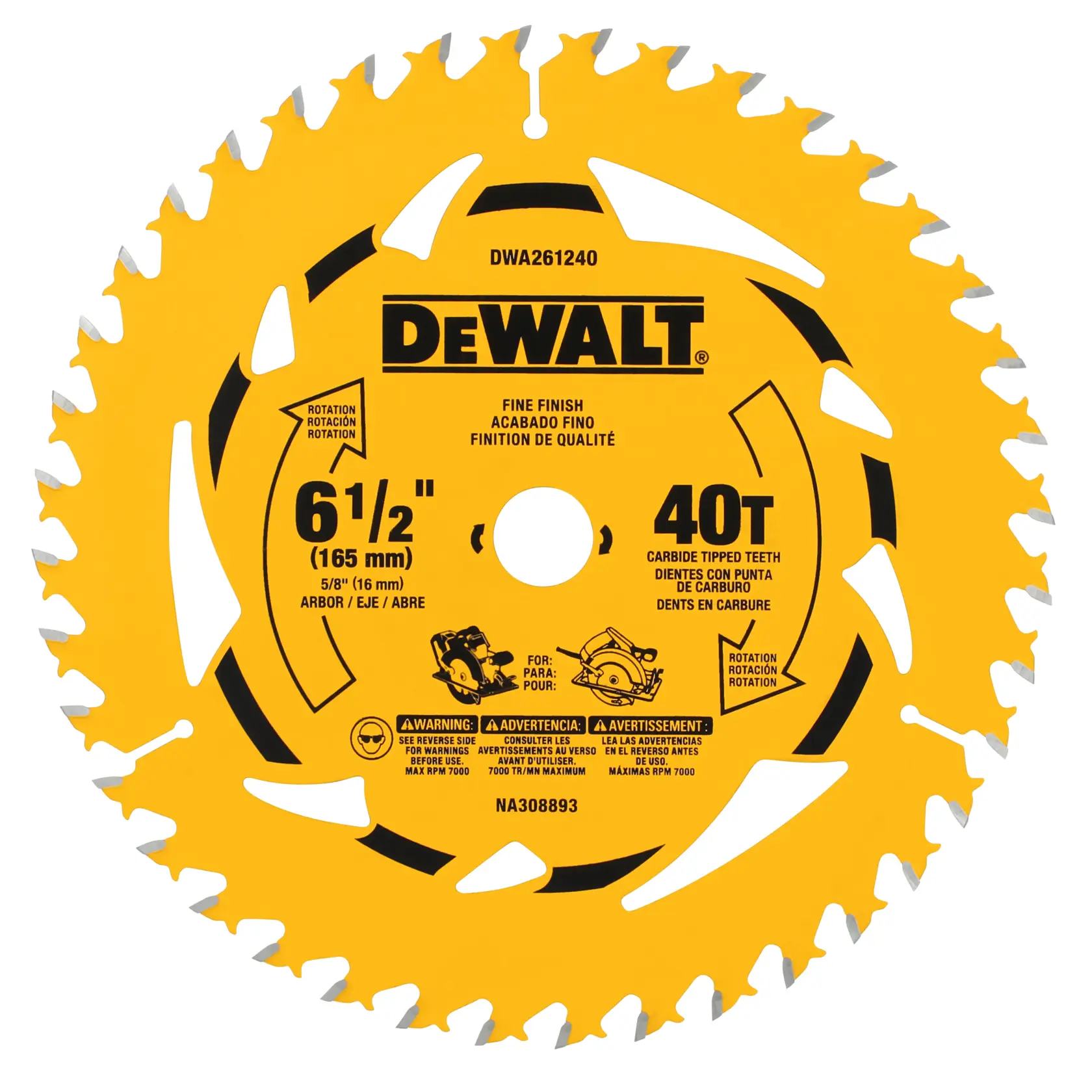 A yellow DEWALT circular saw blade, model DWA261240, with 40 carbide-tipped teeth designed for fine finish cuts. The blade is marked with specifications including 6-1/2 inch (165 mm) diameter and 5/8 inch (16 mm) arbor size. The blade features safety and usage instructions in multiple languages.