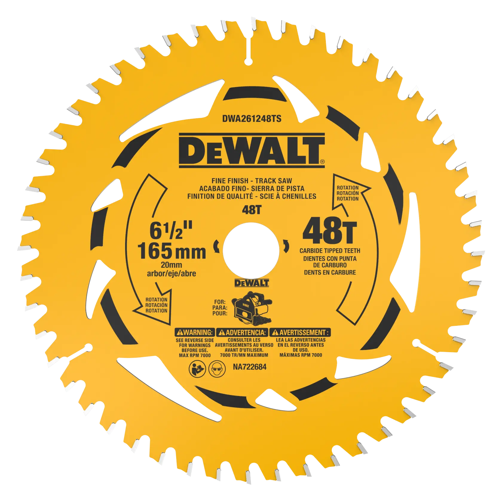 Une lame de scie circulaire de la marque DEWALT conçue pour les scies à chenilles. La lame est jaune avec du texte noir, indique 'finition de qualité' et possède 48 dents à pointe en carbure. Les spécifications comprennent un diamètre de 6-1/2 pouces, 165 mm, un diamètre d’alésage de 20 mm et une vitesse maximale de 7000 RPM. Le SKU est DWA261248TS. Des avertissements et instructions multilingues sont imprimés sur la lame.