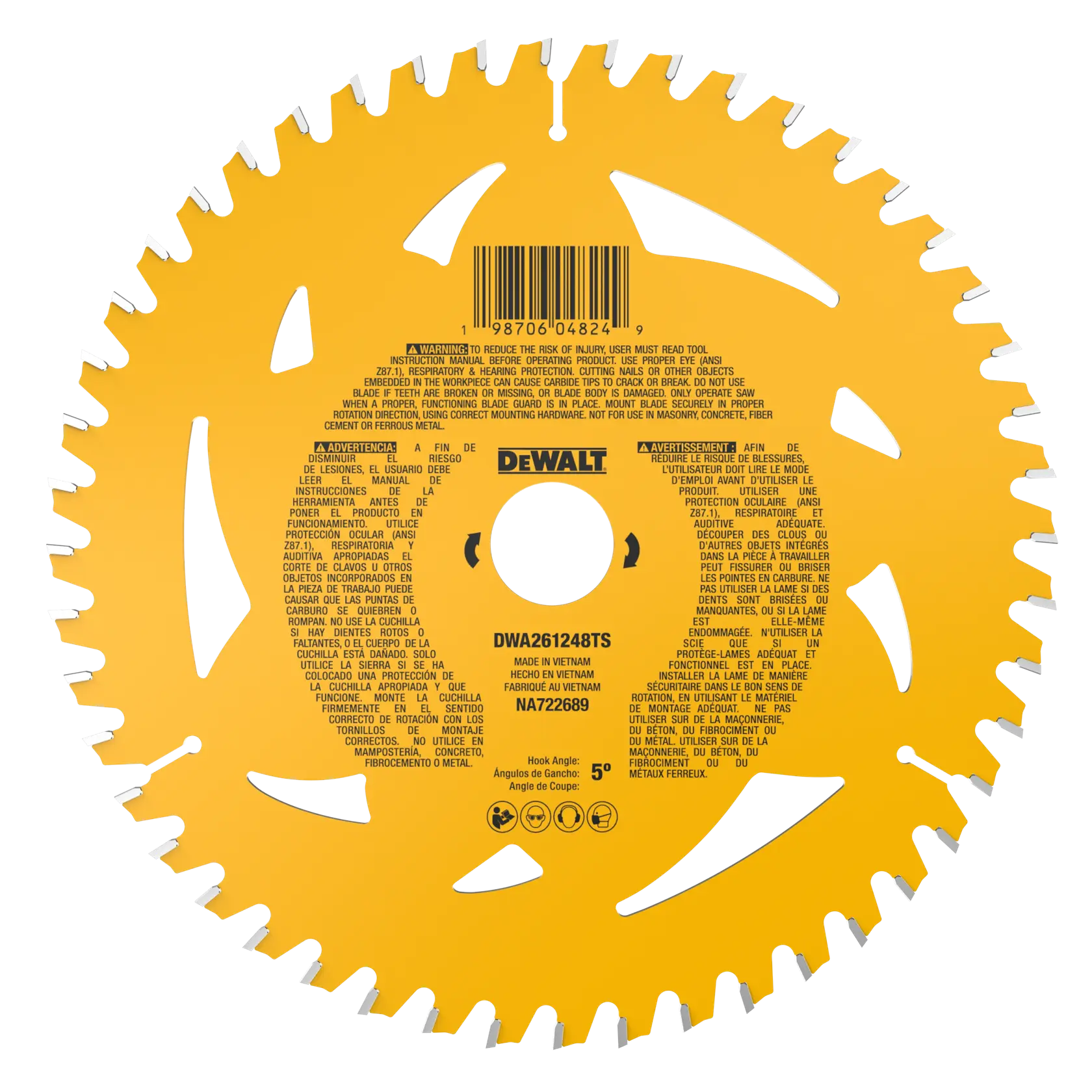 Lame de scie circulaire DEWALT, modèle DWA261248TS, avec une finition jaune vif. La lame possède de nombreuses dents tranchantes sur le pourtour et plusieurs fentes angulaires sur le corps pour réduire le poids et améliorer la performance de coupe. Les informations sur le produit, la sécurité et la marque sont imprimées en noir au centre de la lame.