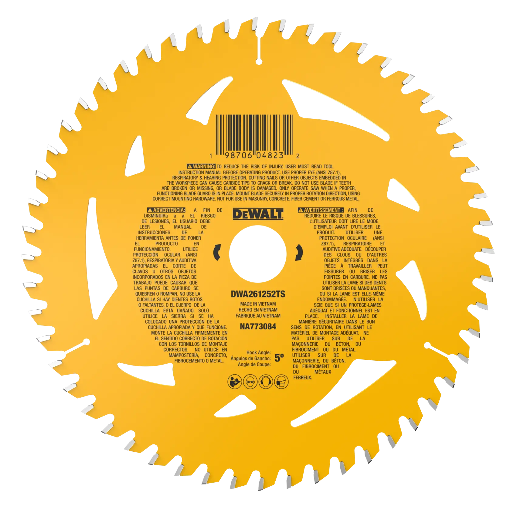 Une lame de scie circulaire jaune DEWALT avec plusieurs dents acérées, code produit DWA261252TS, et des avertissements de sécurité en anglais, espagnol, français et portugais imprimés autour du centre, ainsi qu’un code-barres et les spécifications techniques.