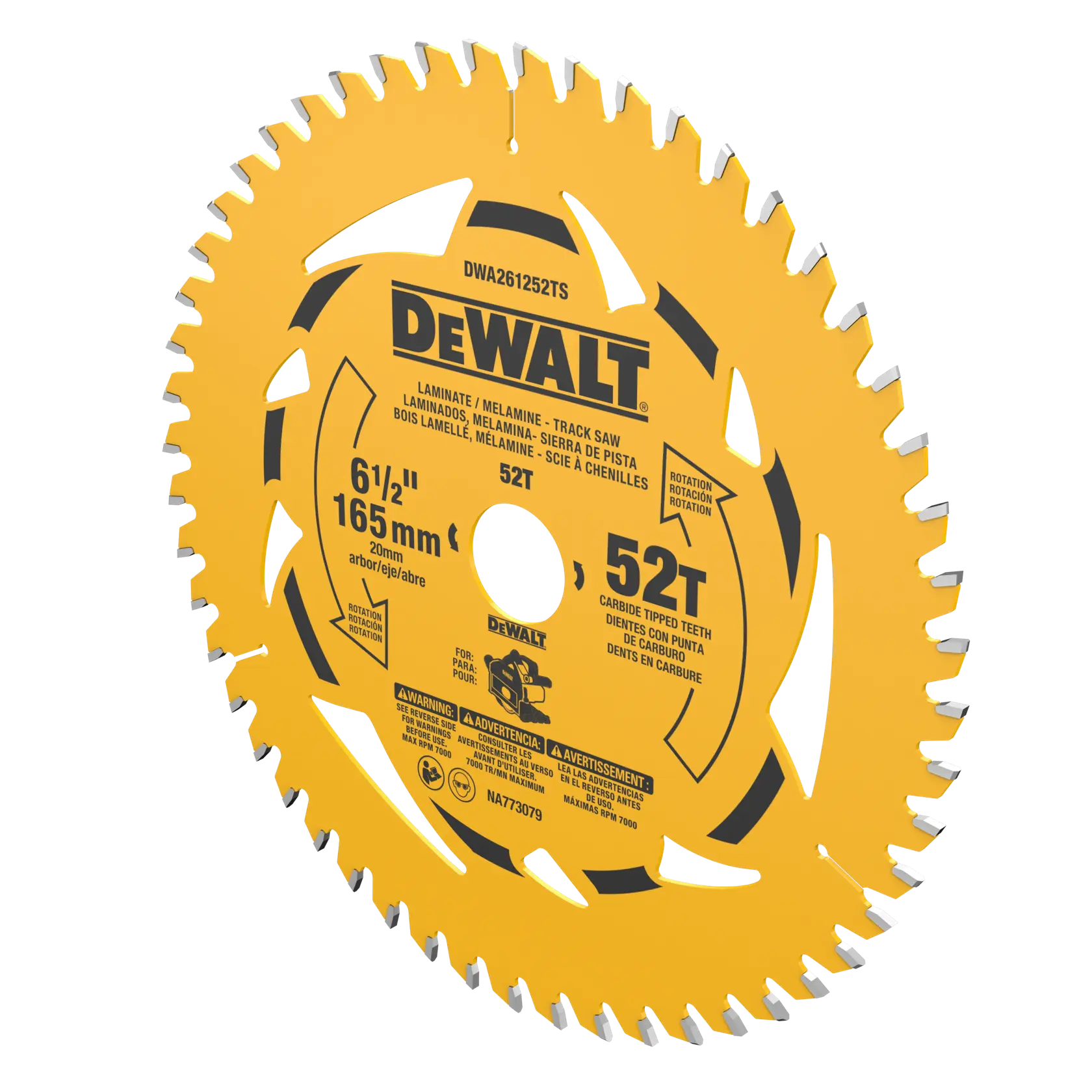Une lame de scie circulaire DEWALT jaune avec 52 dents en carbure, diamètre de 165 mm (6 1/2 pouces), conçue pour les scies à chenilles pour laminé et mélaminé. La lame comporte des marquages de sécurité et de sens de rotation, des détails du produit et du texte en plusieurs langues imprimés sur sa surface.