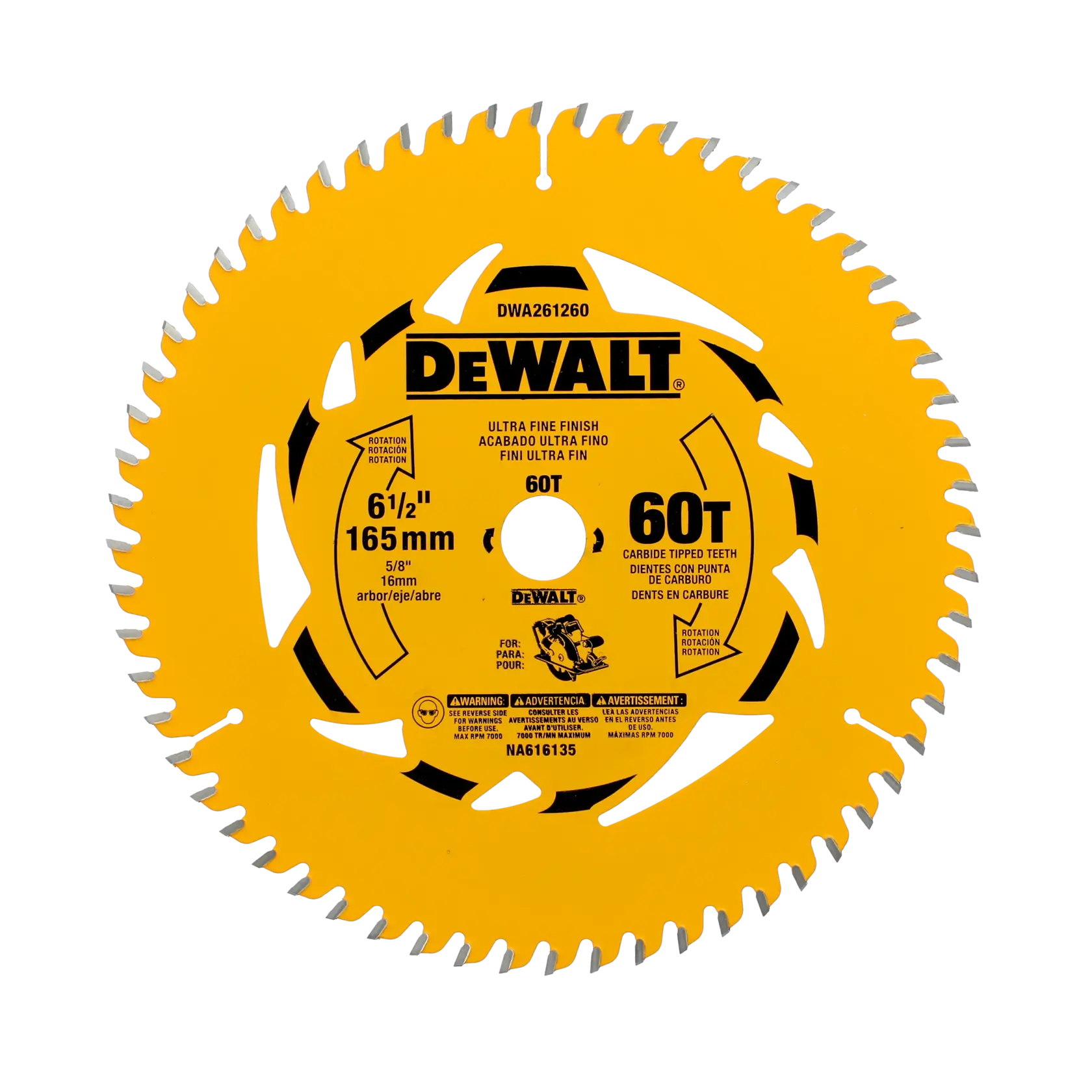 DEWALT DWA261260 6.5-inch 60T circular saw blade with carbide-tipped teeth for ultra fine finish cuts.