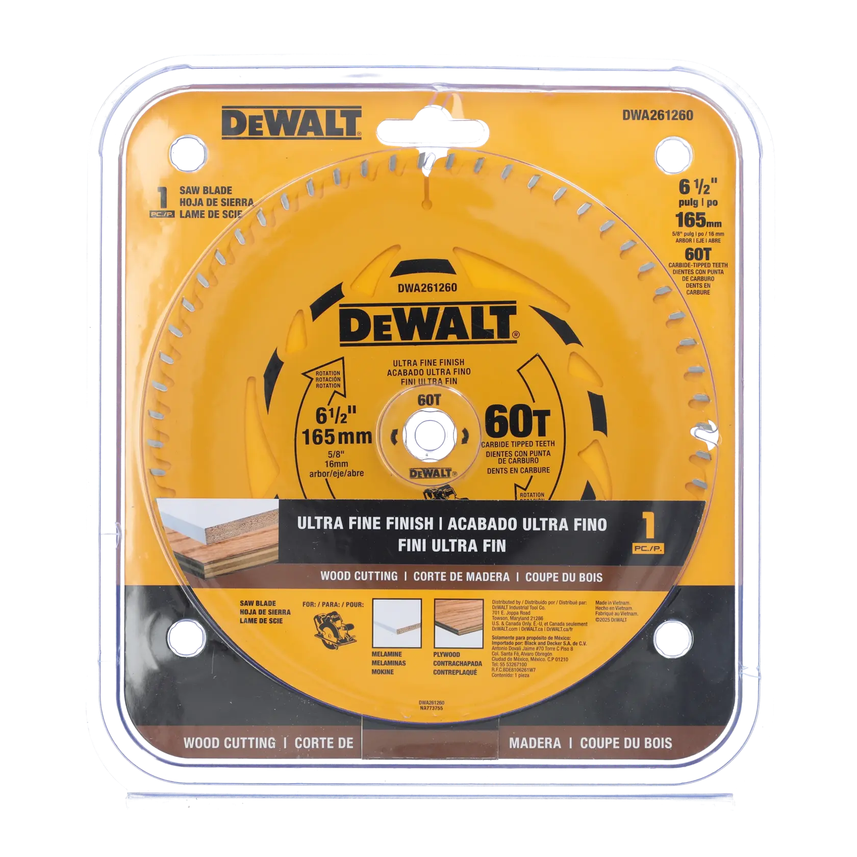 DEWALT DWA261260 saw blade for wood cutting, 6.5 inch, 60T ultra fine finish, in yellow and black packaging.