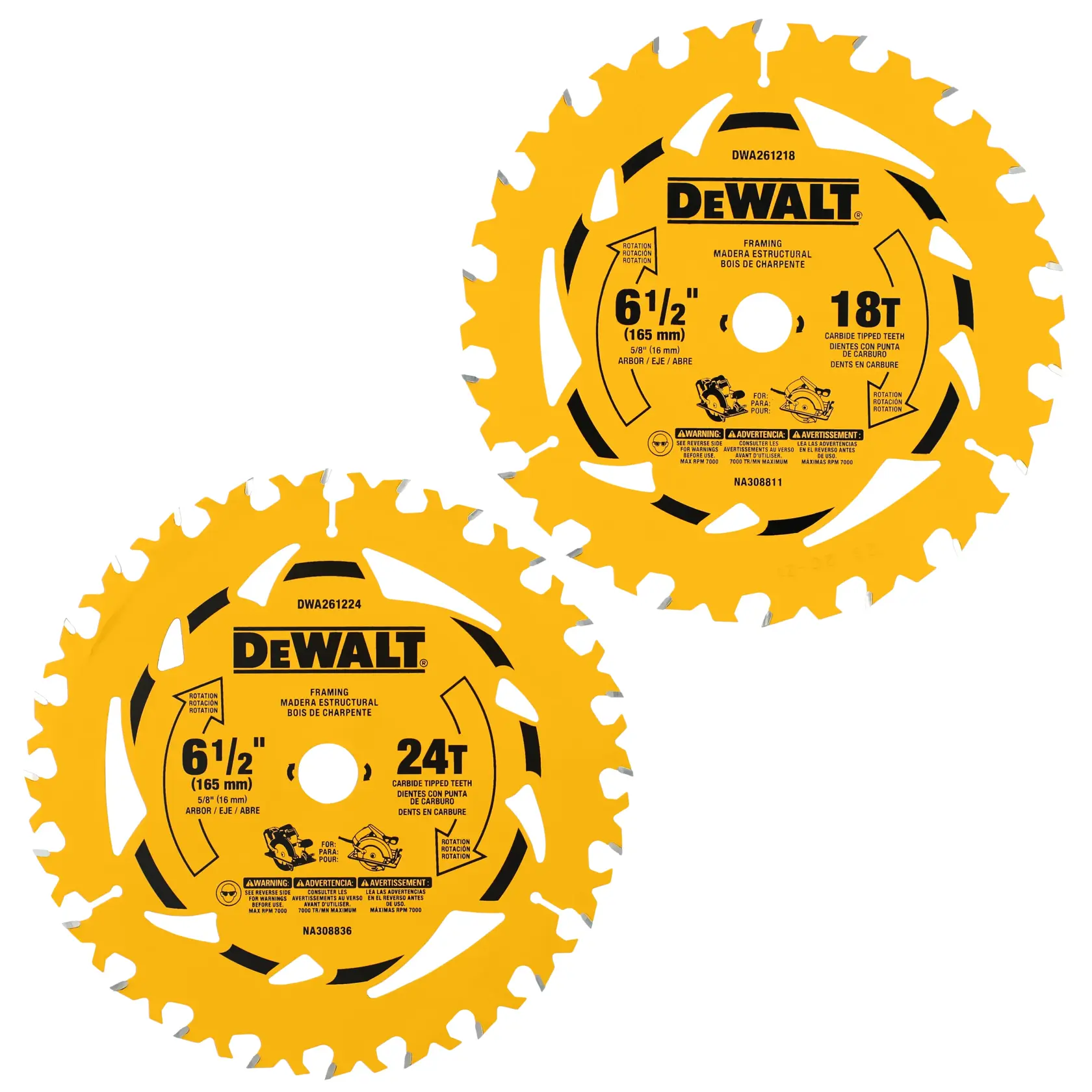 Two yellow DEWALT circular saw blades, each labeled for framing. One blade has 18 teeth and the other has 24 teeth. Both blades are 6-1/2 inches (165 mm) in diameter and feature carbide-tipped teeth.