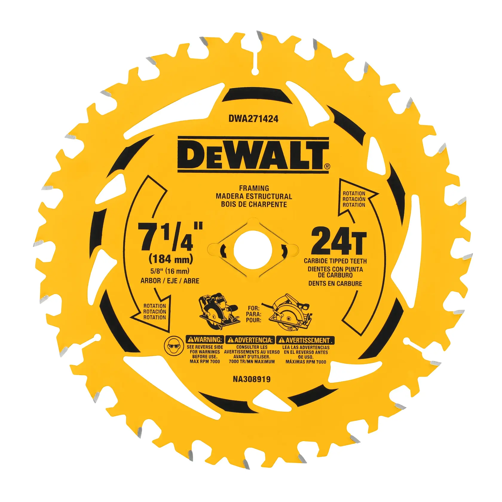 A DEWALT circular saw blade, model DWA271424, yellow with black text, designed for framing. The blade is 7-1/4 inches (184 mm) in diameter, has 24 carbide-tipped teeth, and a 5/8-inch (16 mm) arbor. Safety warnings and usage instructions are printed on the blade.