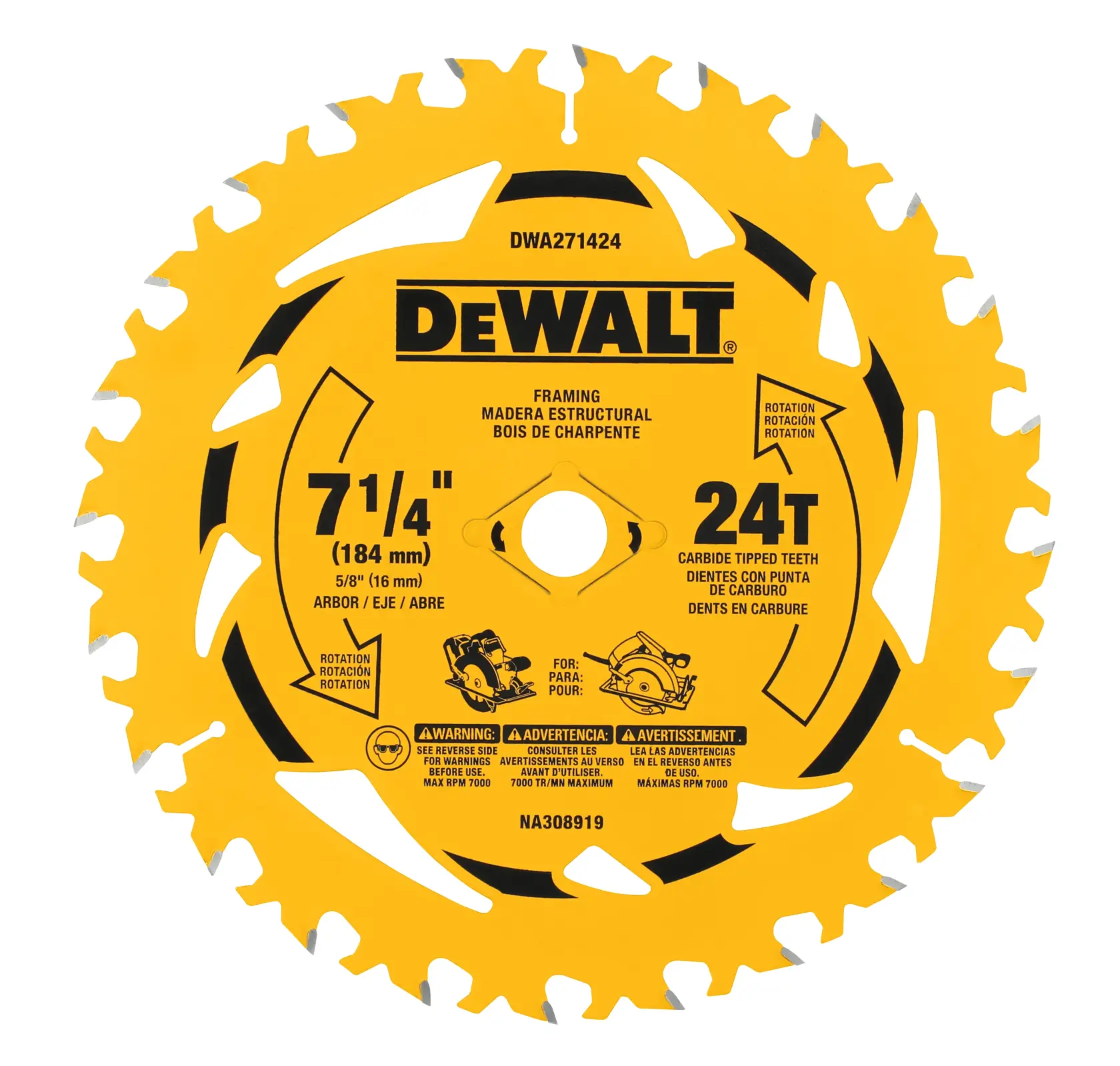 A yellow DEWALT circular saw blade with carbide tipped teeth, designed for framing. The blade has a diameter of 7 1/4 inches (184 mm), 24 teeth, and a 5/8 inch (16 mm) arbor hole. Product details and warnings are printed on the blade in English, Spanish, and French.