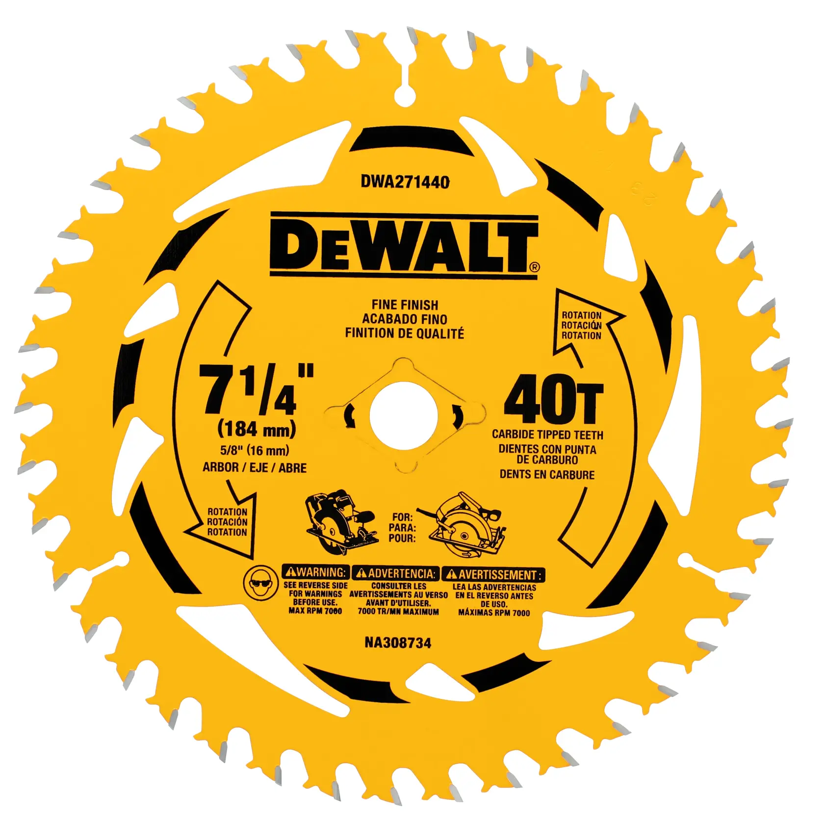 DEWALT 7-1/4 inch 40T saw blade for fine finish, yellow, labeled for circular saw use.