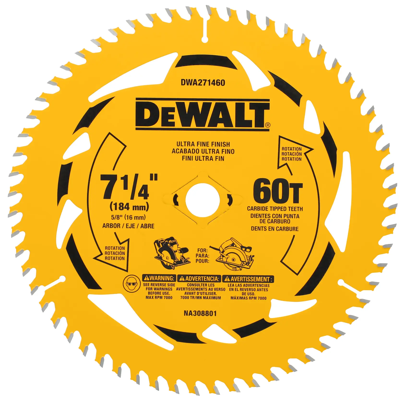 A DEWALT 7-1/4 inch (184 mm) circular saw blade with 60 carbide tipped teeth, designed for ultra fine finish cuts. The blade is yellow with black text and has product details including arbor size of 5/8 inch (16 mm) and model number DWA271460. The blade is marked for rotation direction and contains safety warnings.