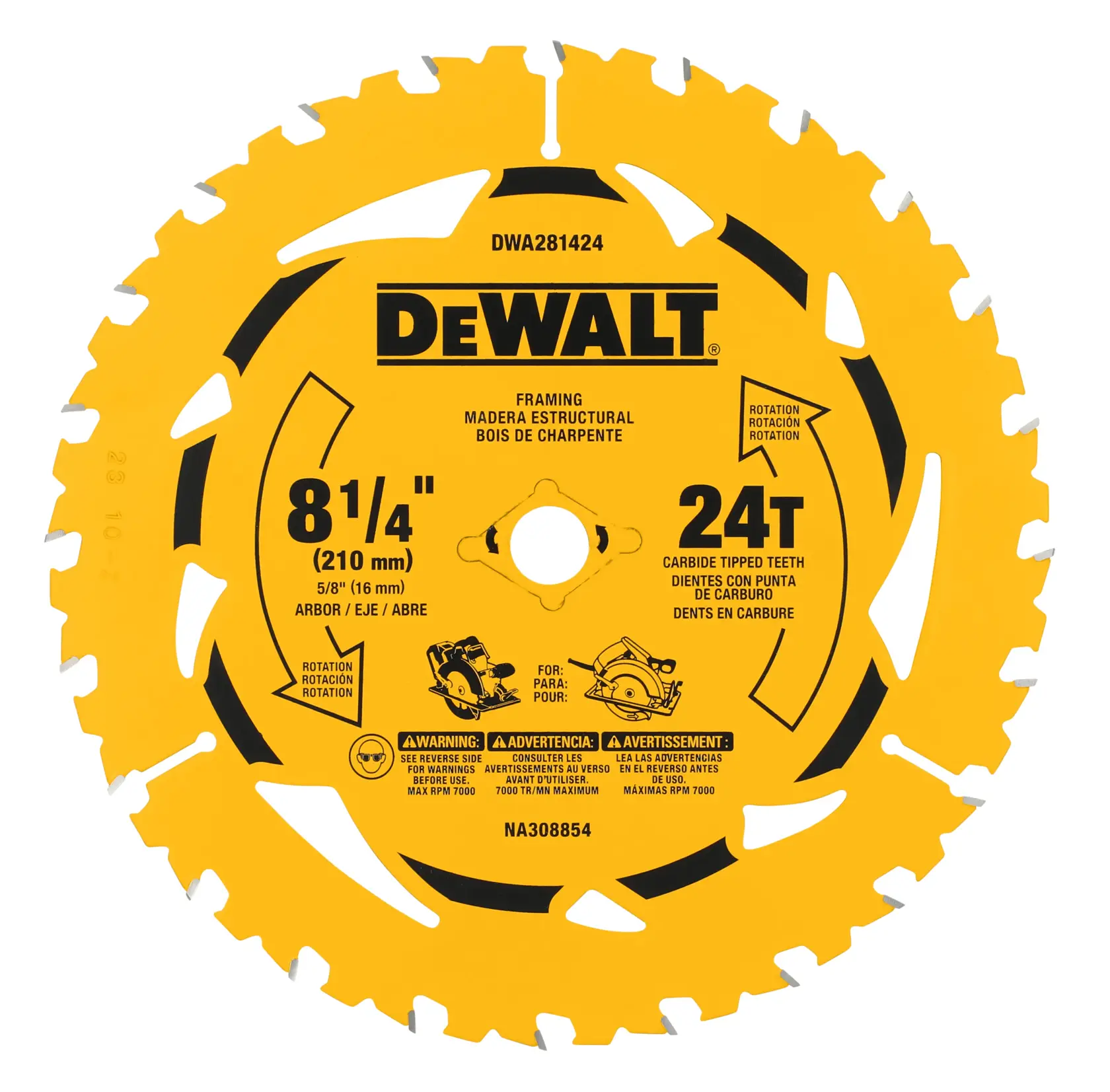 A DEWALT 8-1/4 inch (210 mm) framing saw blade with 24 carbide tipped teeth, designed for wood cutting. The blade is yellow with black text, includes warnings and specifications, and is suitable for circular saws.