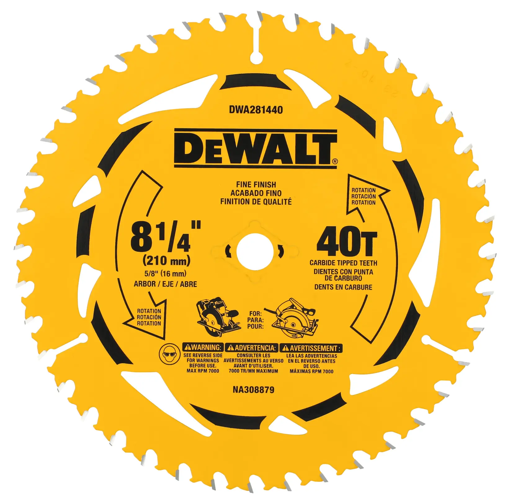 A yellow DEWALT circular saw blade with 40 carbide-tipped teeth, labeled for fine finish. The blade diameter is 8 1/4 inches (210 mm) with a 5/8 inch (16 mm) arbor. The product code DWA281440 is visible on the blade.