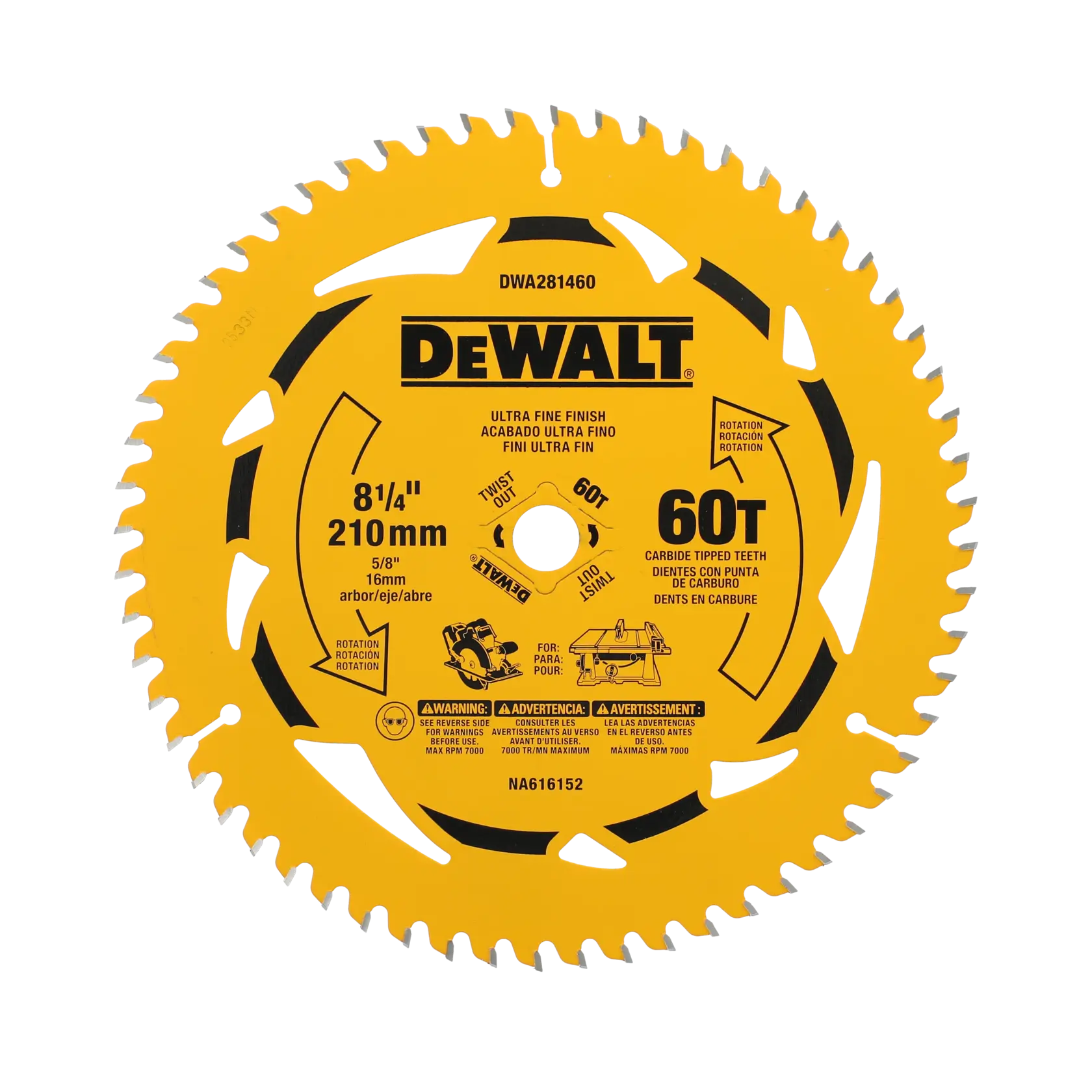 DEWALT 8-1/4 inch 210mm 60T carbide-tipped circular saw blade for ultra-fine finish cuts.