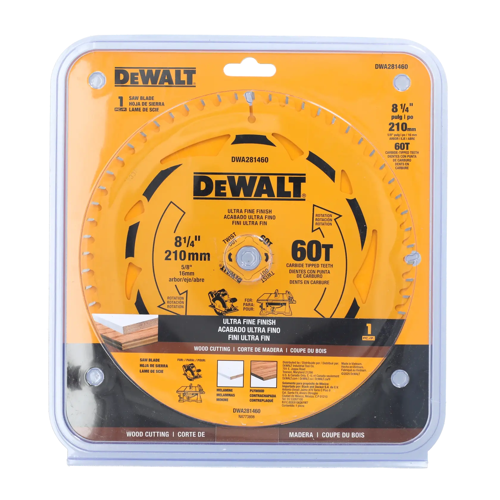 DEWALT 8-1/4 inch 60T circular saw blade for ultra fine wood cutting, packaged in clear plastic case.