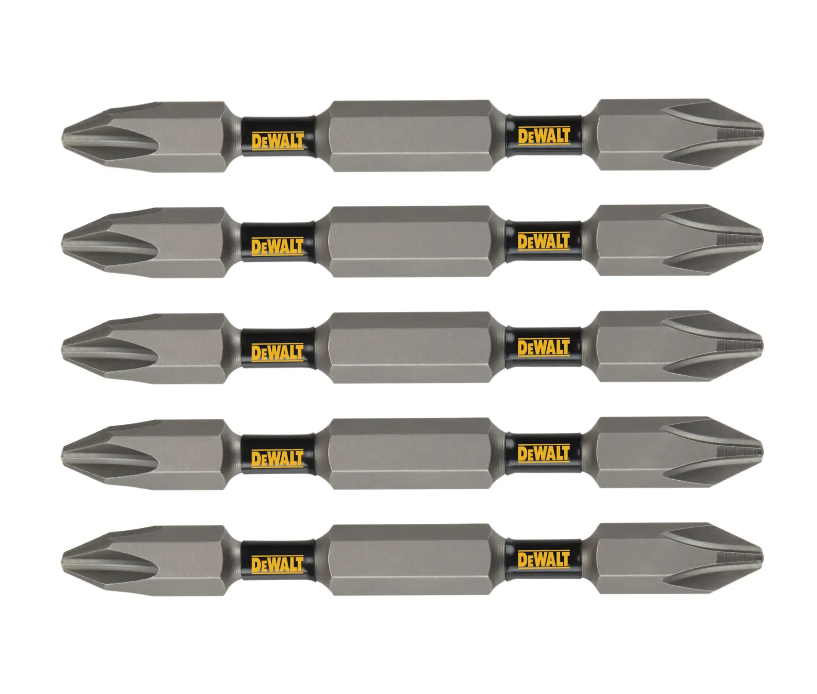Five double-ended Phillips screwdriver bits with DEWALT branding, arranged horizontally in a row.