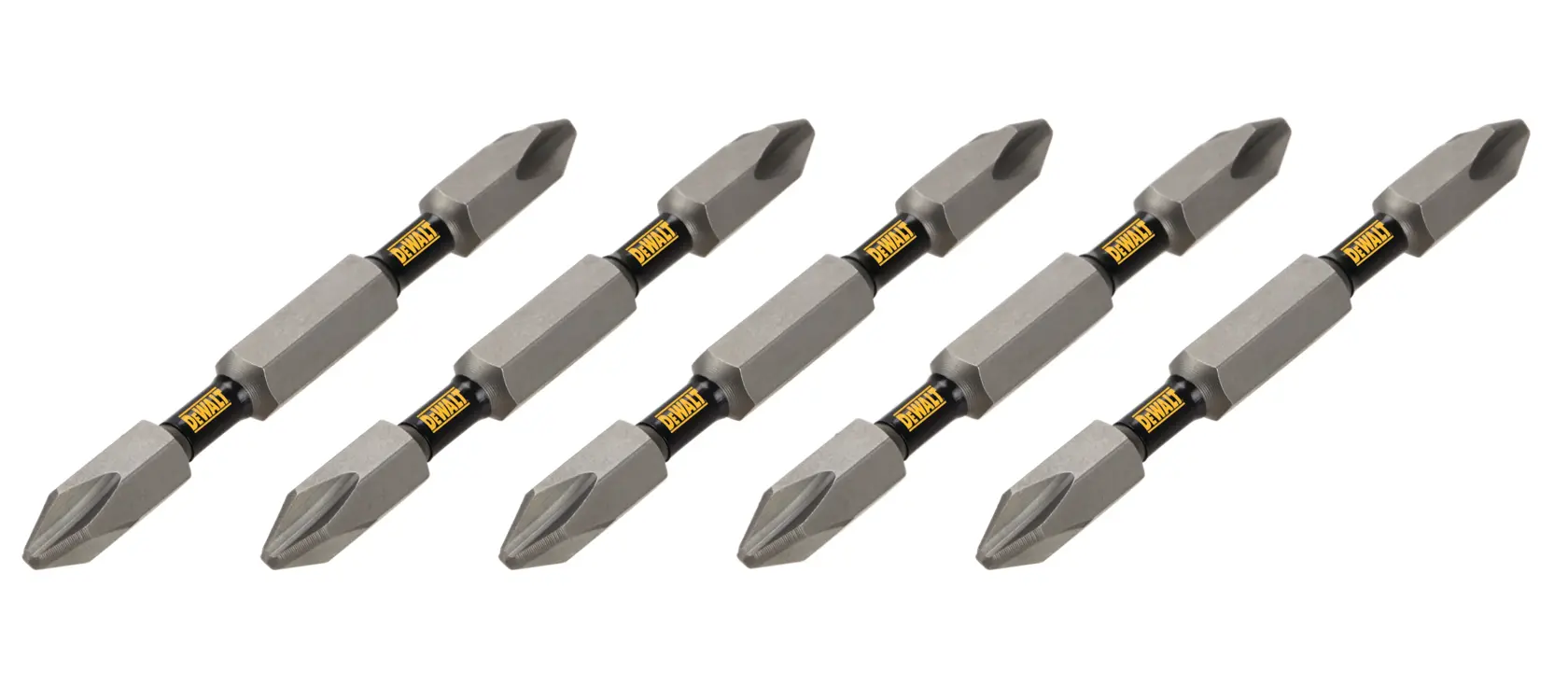Five double-ended screwdriver bits from DEWALT, arranged in a diagonal row. Each bit is gray with a black and yellow DEWALT logo in the center.