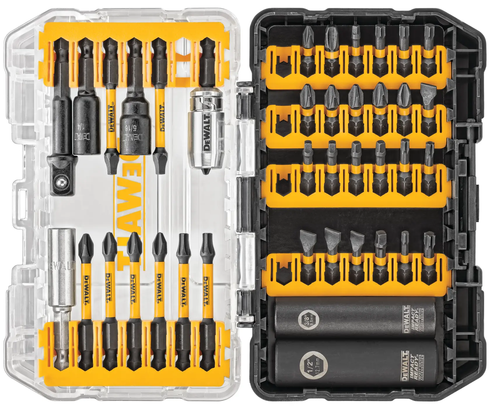 A DEWALT branded screwdriver bit set in a plastic case with transparent and black lids. The set contains various screwdriver bits, socket adapters, and nut drivers organized in two sections with yellow holders.