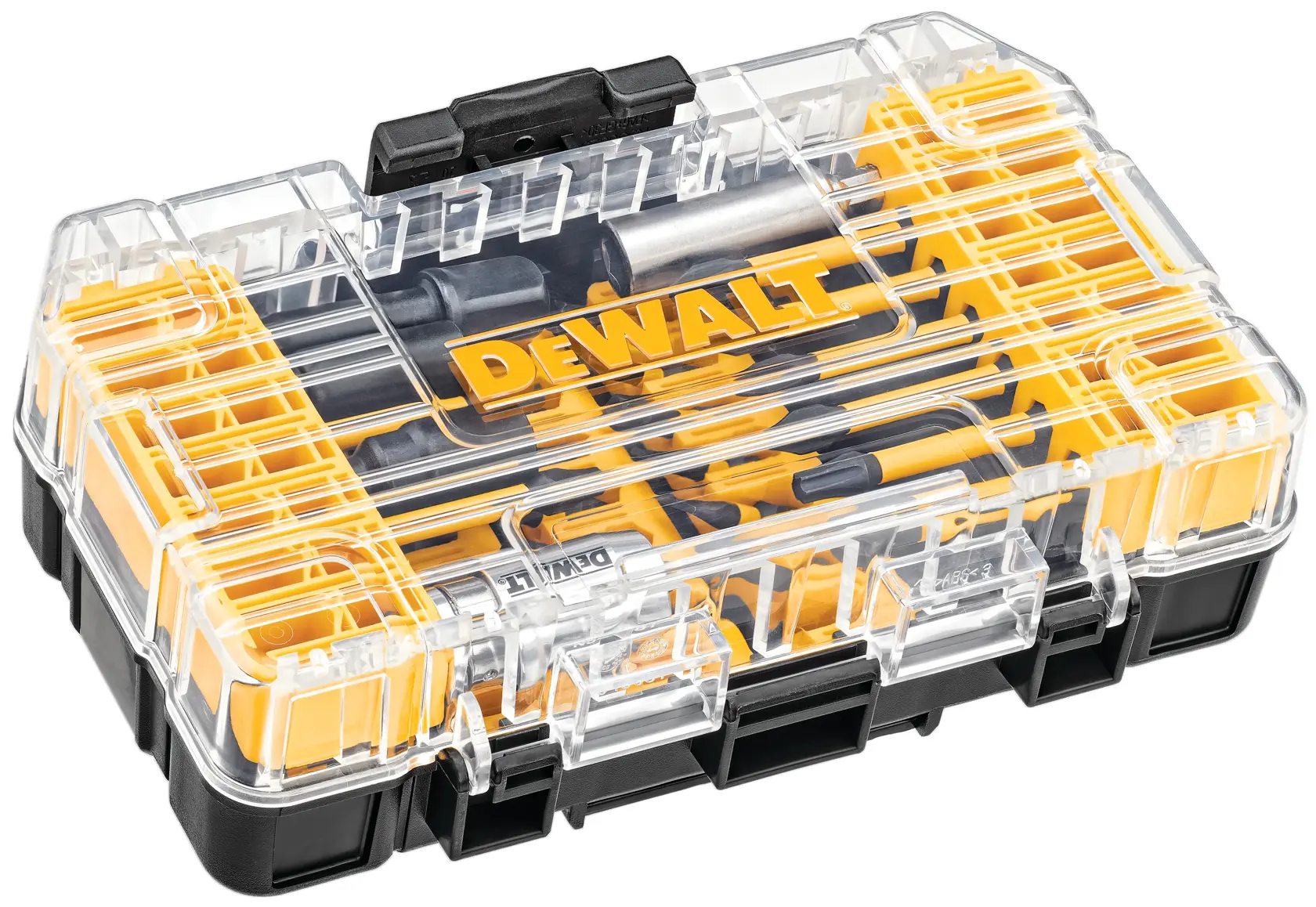 A clear plastic and black tool case containing a DEWALT branded yellow and black drill bit set, with various attachments organized inside.