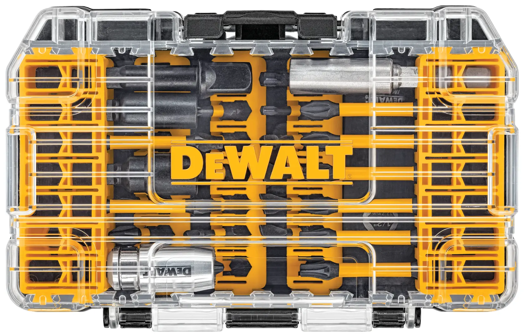 A DEWALT branded clear plastic case containing a set of drill and screwdriver bits, arranged on a yellow and black insert.