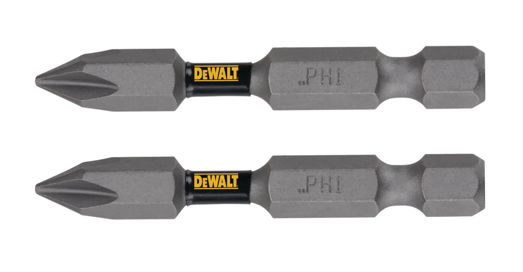 Two DEWALT PH1 screwdriver bits with a gray finish and yellow and black DEWALT branding, shown side by side on a white background.