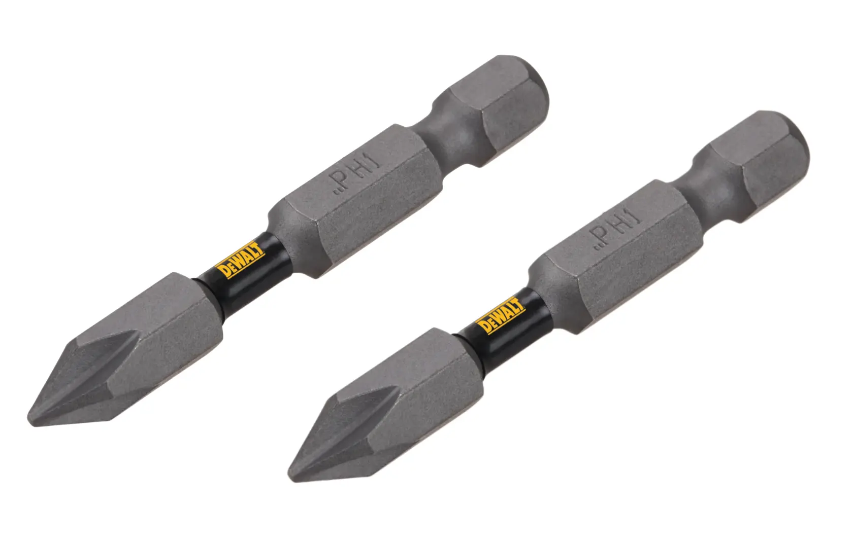 Two DEWALT PH1 double-ended screwdriver bits, gray with black and yellow DEWALT branding, suitable for use with power drills.