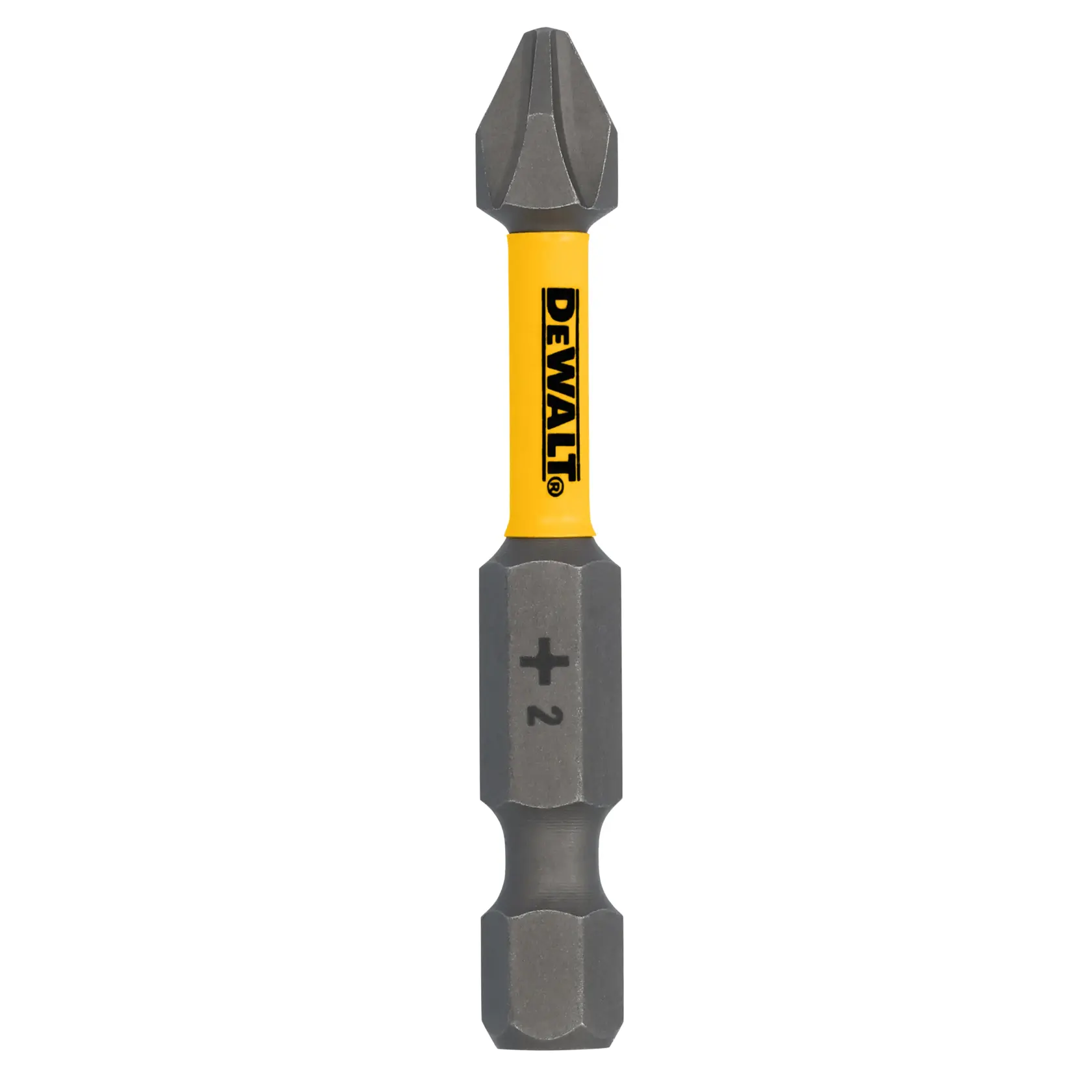 A DEWALT branded screwdriver bit with a yellow center and gray ends, marked with a plus sign and the number 2.