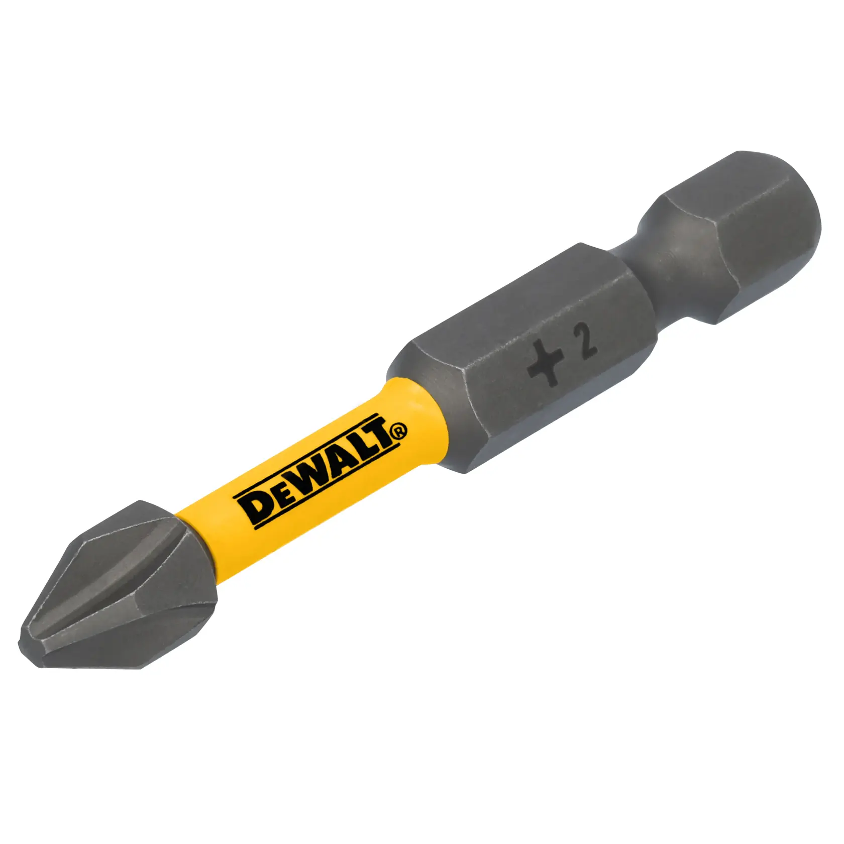 A DEWALT branded Phillips screwdriver bit, size PH2, with a yellow shank and gray ends.