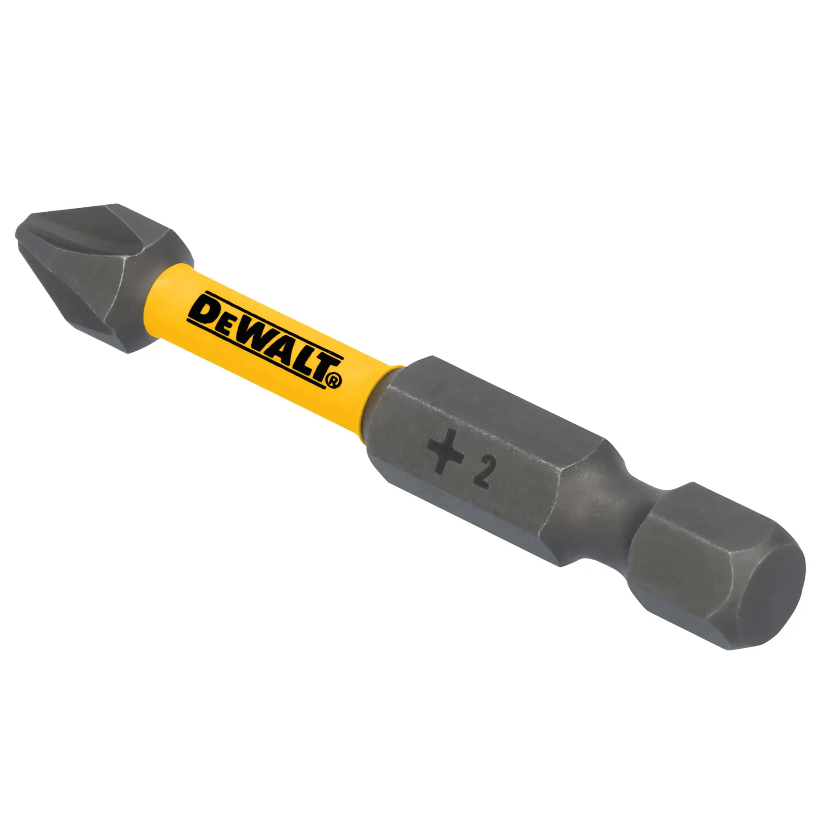 A DEWALT branded Phillips screwdriver bit with a yellow shaft and grey ends, marked with a plus sign and the number 2.