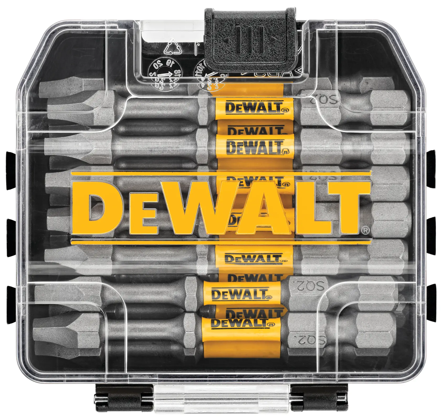 A transparent plastic case containing multiple DEWALT screwdriver bits, neatly organized and visible through the lid with the yellow DEWALT logo prominently displayed.