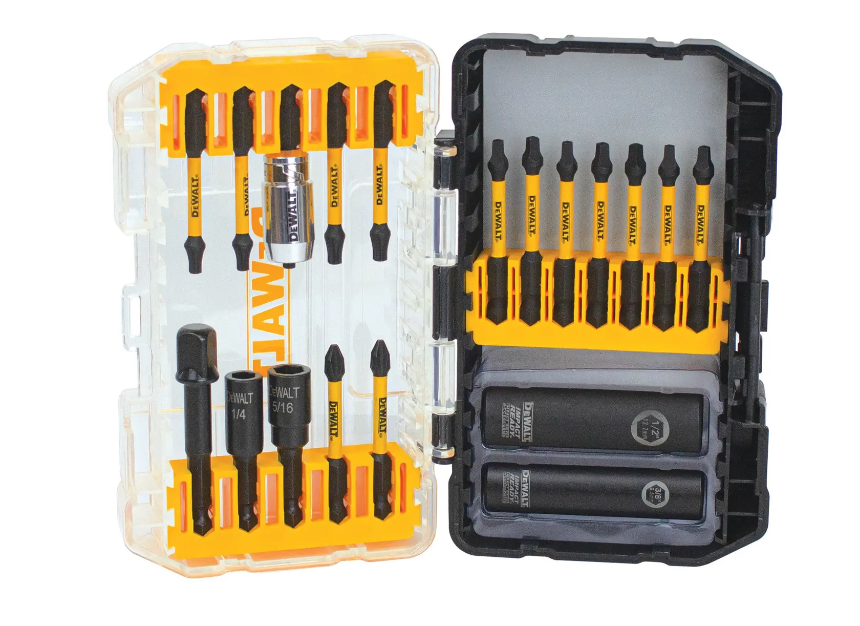 DEWALT FLEXTORQ set content chart showing the included items: 2 PH2 screwdriver bits (2.25 inch), 7 SQ2 bits (2.25 inch), 3 T20 bits (2.25 inch), 2 T25 bits (2.25 inch), 1 magnetic screw lock bit holder, nut drivers (1/4 and 5/16 inch), 2 sockets (3/8 and 1/2 inch, 3/8 inch drive), 1 socket adapter (3/8 inch), and 1 case. Model: DWA2T20C.