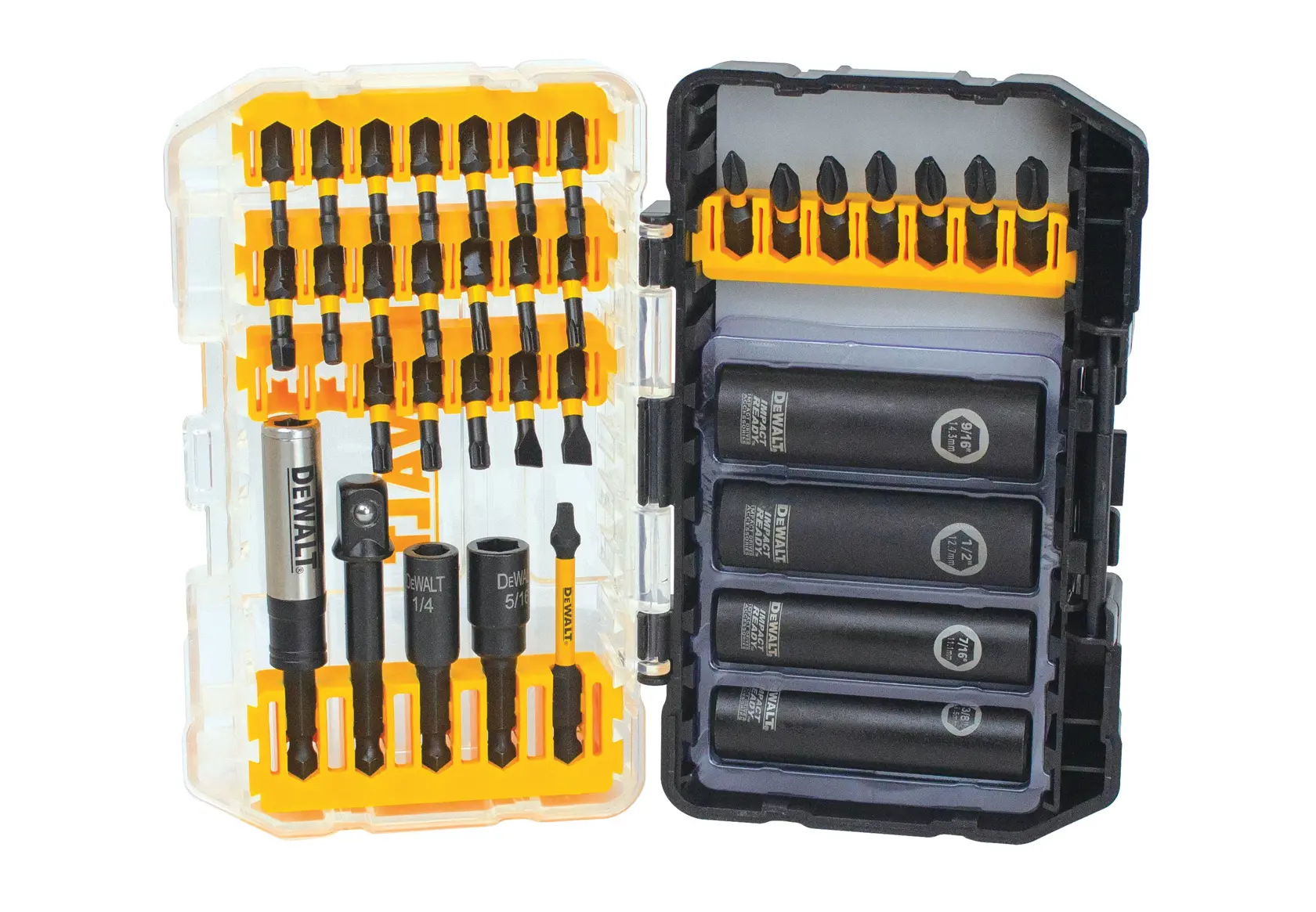 Product info graphic for DEWALT FLEXTORQ, SKU DWA2T35IRC. Shows contents of a screwdriving bit and socket set, including Phillips, Square, Slotted, and Torx bits with sizes and quantities, magnetic screw lock bit holder, nut drivers (1/4, 5/16, 3/8 inch), 3/8-inch drive sockets (3/8, 7/16, 1/2, 9/16 inch), socket adapters and storage case. Black and yellow design with part number DWA2T35IRC.