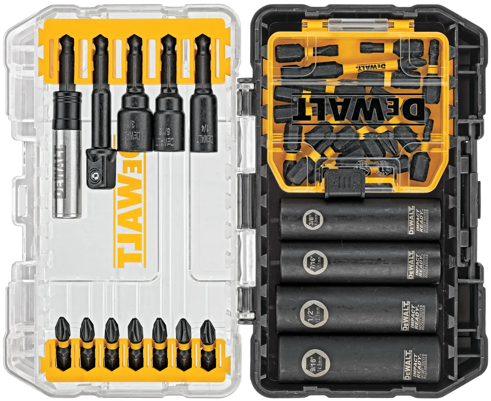 A DEWALT branded screwdriver and socket bit set in a transparent and black plastic case, showing various screwdriver bits, socket bits, and attachments organized in yellow and black compartments.