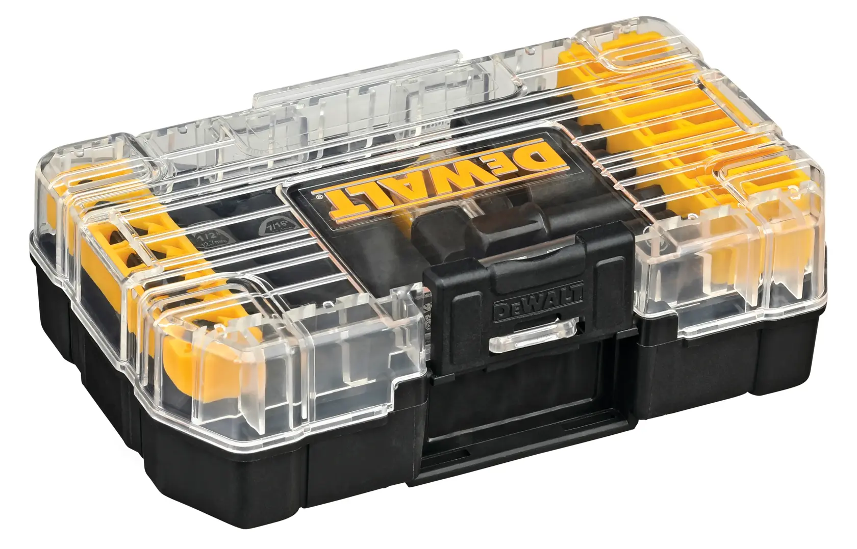 A DEWALT plastic tool case with a transparent lid and yellow compartments, used for organizing and storing small tools or accessories.