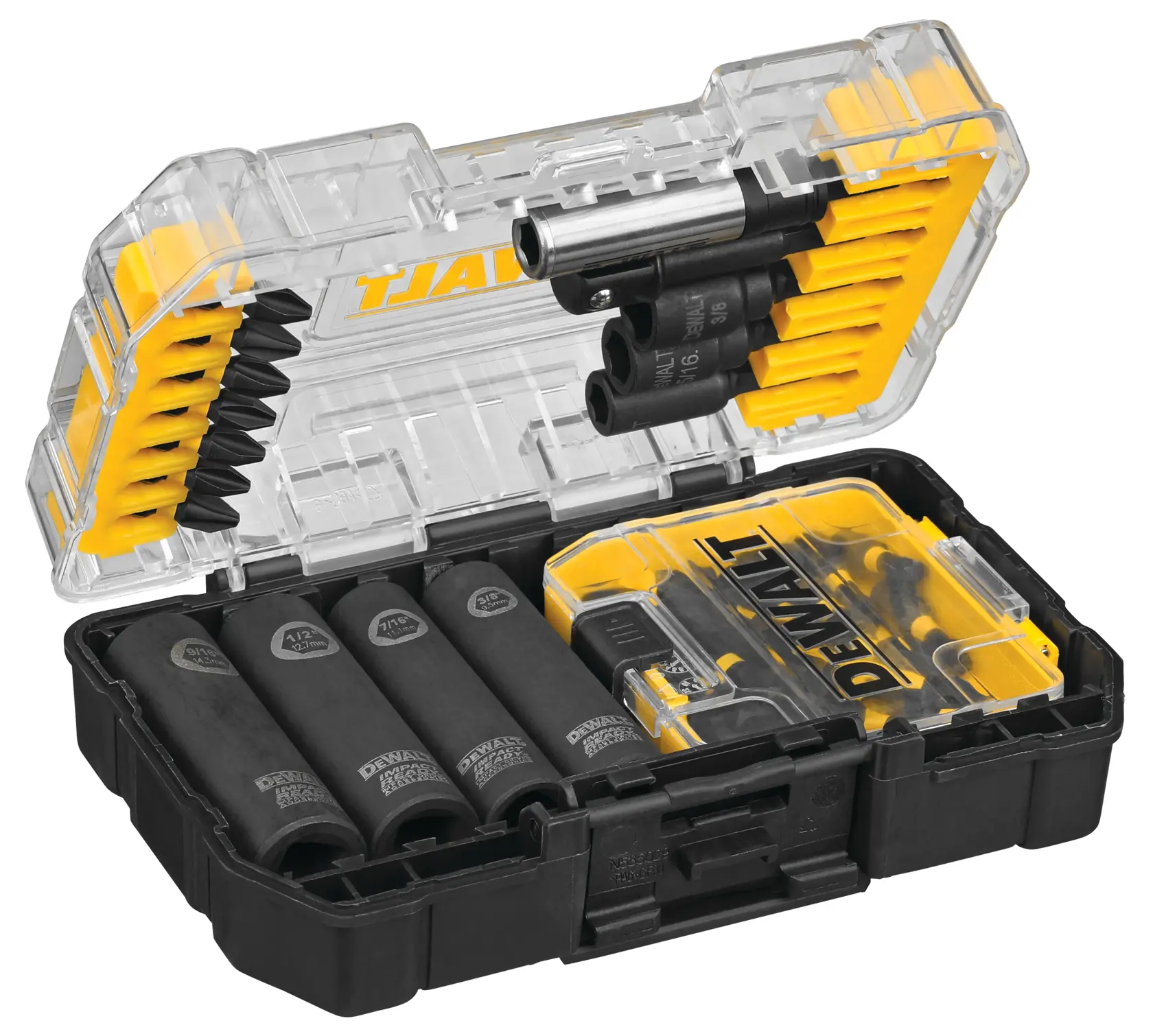 A DEWALT branded clear and black plastic tool case containing a set of impact driver bits and sockets, neatly organized in yellow inserts. The case is open to show various bit sizes and accessories, with some items labeled and placed in designated slots.