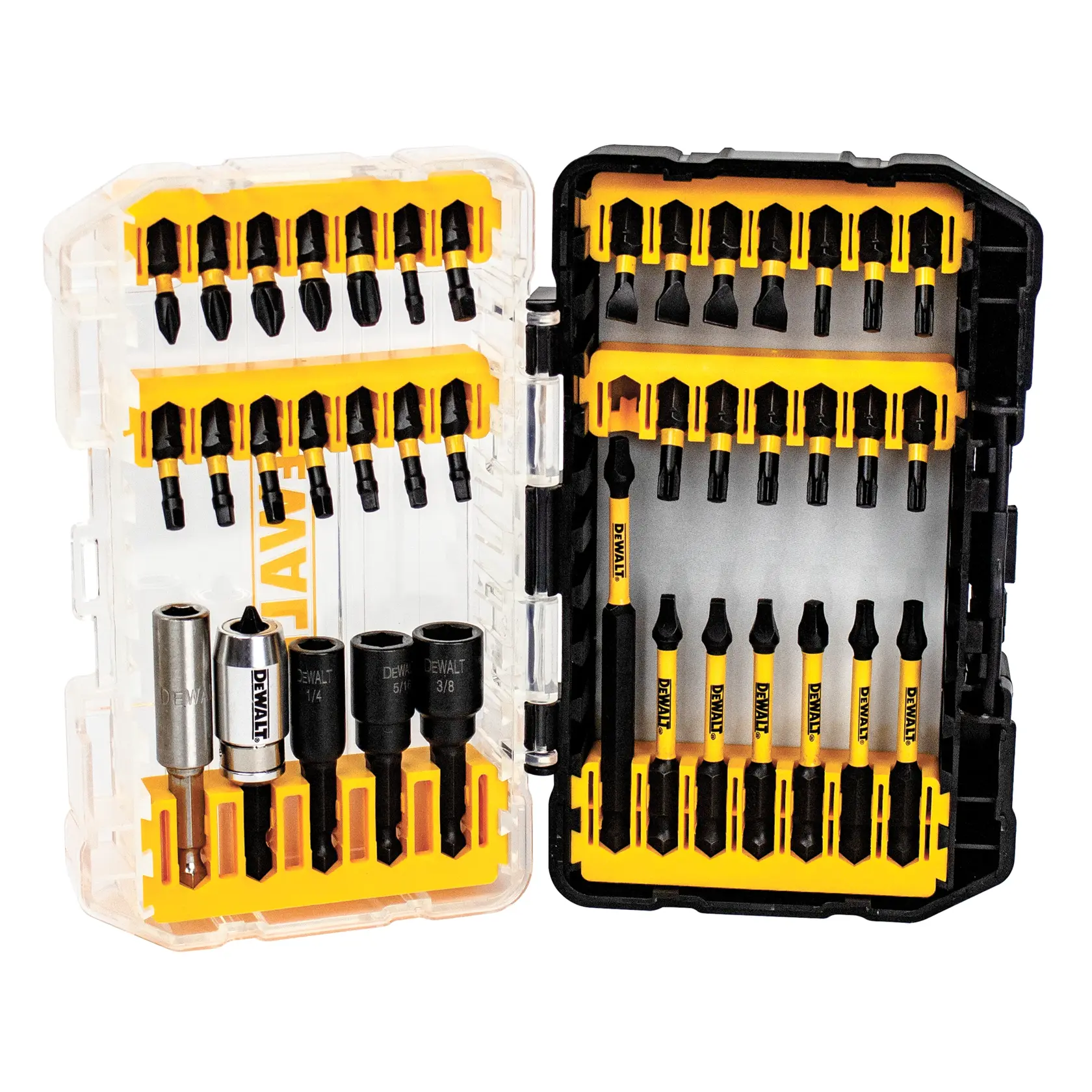 A DEWALT branded bit and socket set in a clear and black plastic case, containing a variety of drill bits, screwdriver bits, and sockets organized in yellow holders.
