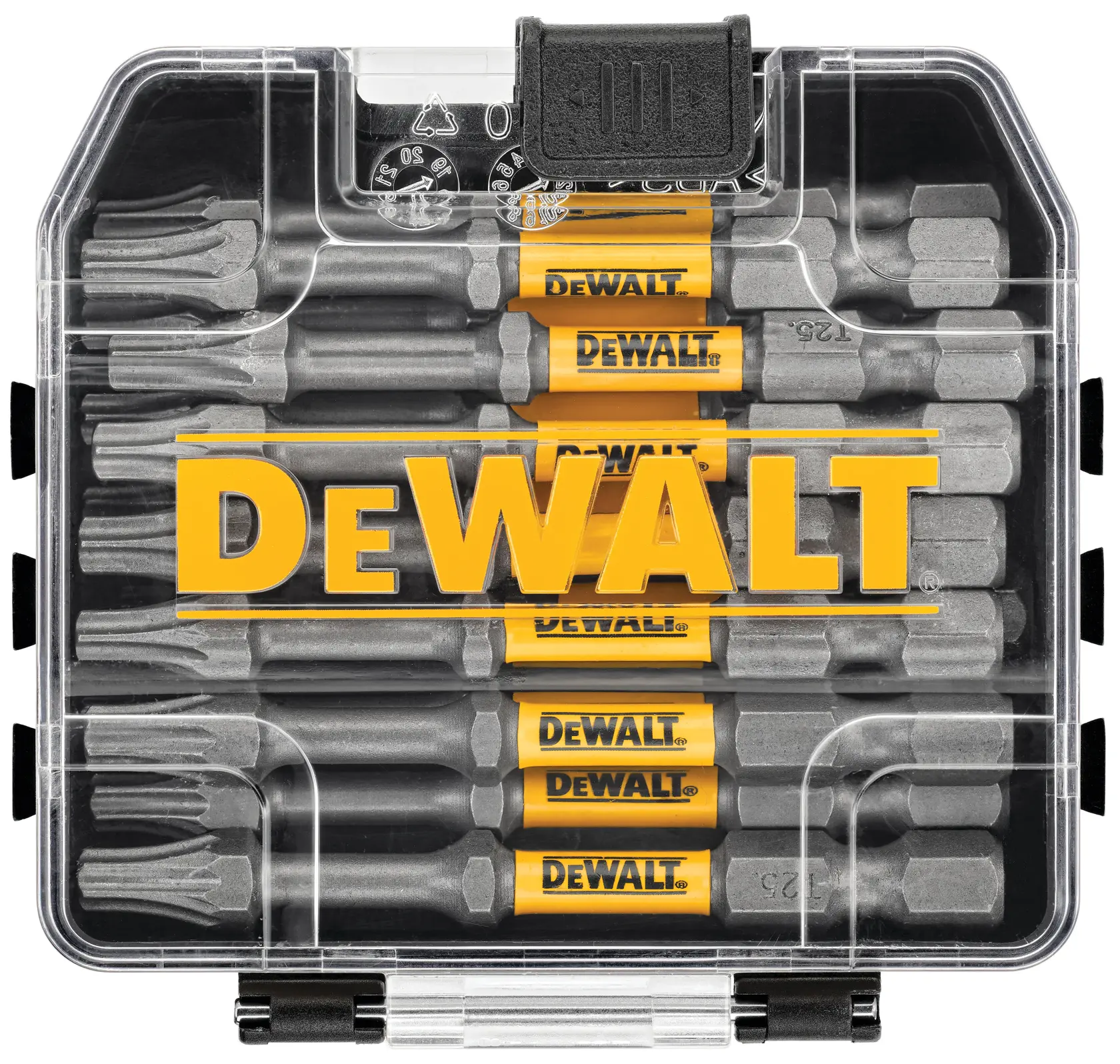 A clear plastic case containing a set of DEWALT branded screwdriver bits, with the yellow DEWALT logo prominently displayed on the front of the case.